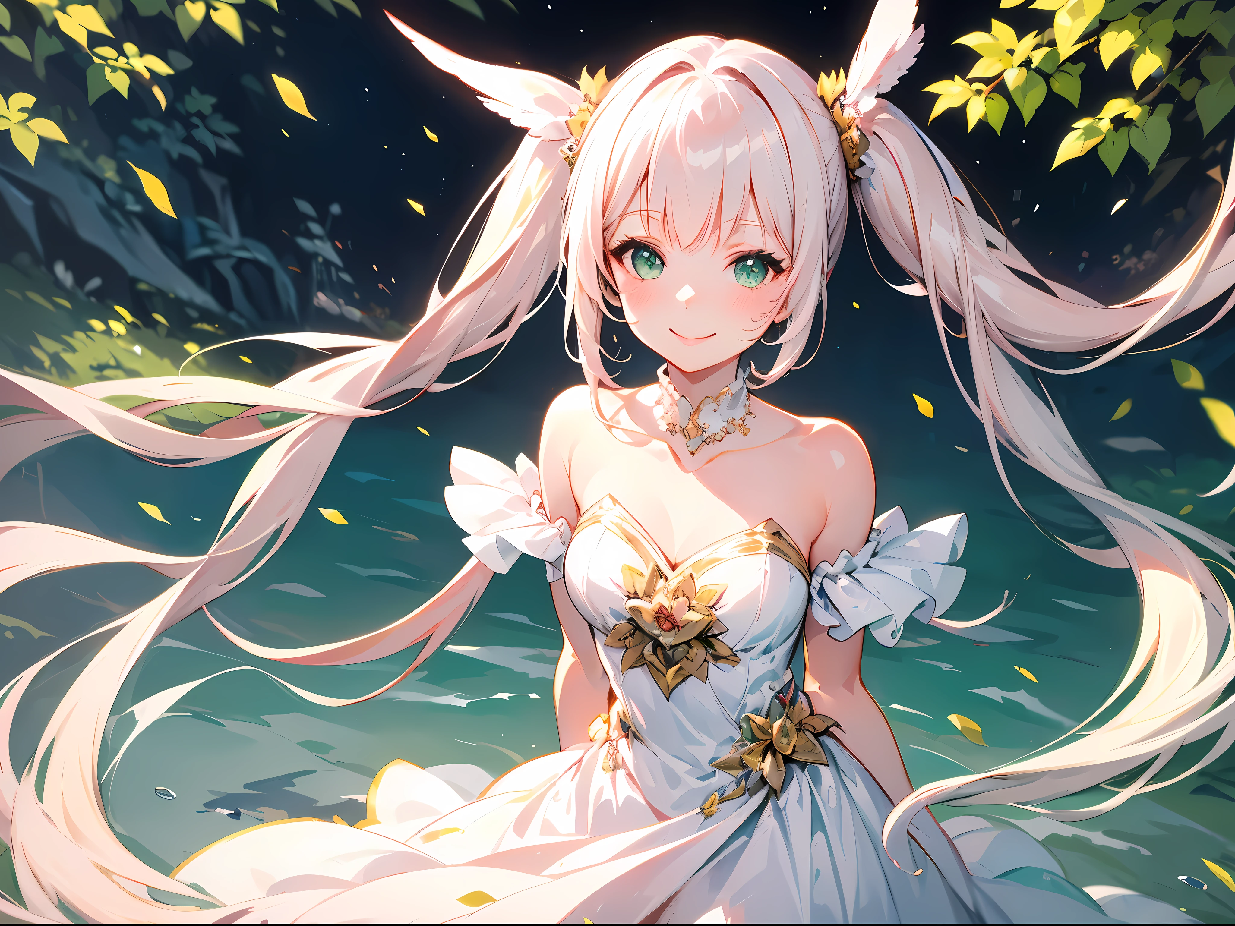 (Best quality),(4k), [highly grand details CG painting]!!,(cheer sticks),(((the Greatest masterpiece,))) (ultra detailed),(((magic girl))),(intricately details),(Natural,adorable face),((((beautiful forest))),(dynamic angles,)(breeze),(dynamic lighting),(blooming,synthetic wave), (reality: 0.7), solo,1 girl,Long eyelashes,twintails,watery eyes,reflected eyes,light pink haired deity,straight hair,floating hair,(formal dress),((elegant and conservative cloth)),seductive smile,arms behind back