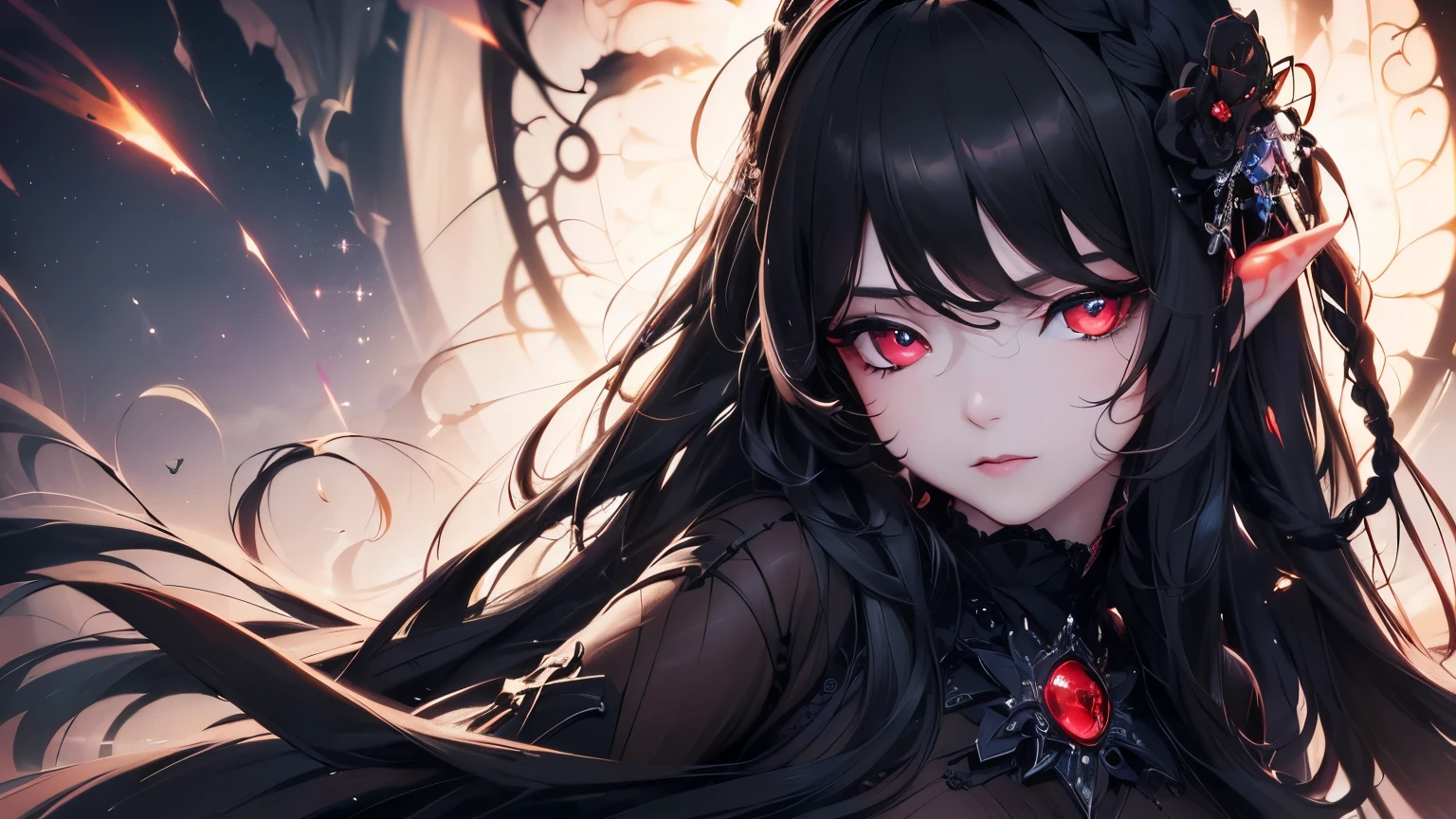 4K quality:1.2,1girl,sense of deps,disorganized,catch light,Super beautiful illustration,((black color,long hairstyles:1.3)),dark dark eyeshadow,(((4k,super beautiful,In detail,red eyes))),bright red lipstick,gothic lolita,beautiful and delicate hair 