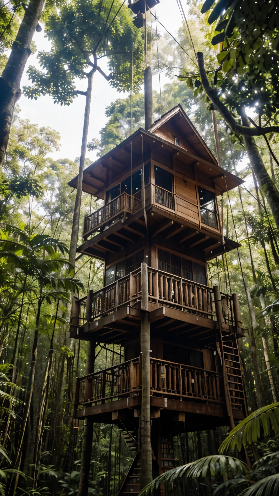 Suspended within the canopy of a Borneo rainforest, this unique multi-level treehouse is built entirely of local hardwoods and ropes. Guests can zipline through the forest or relax in natural hot springs below.