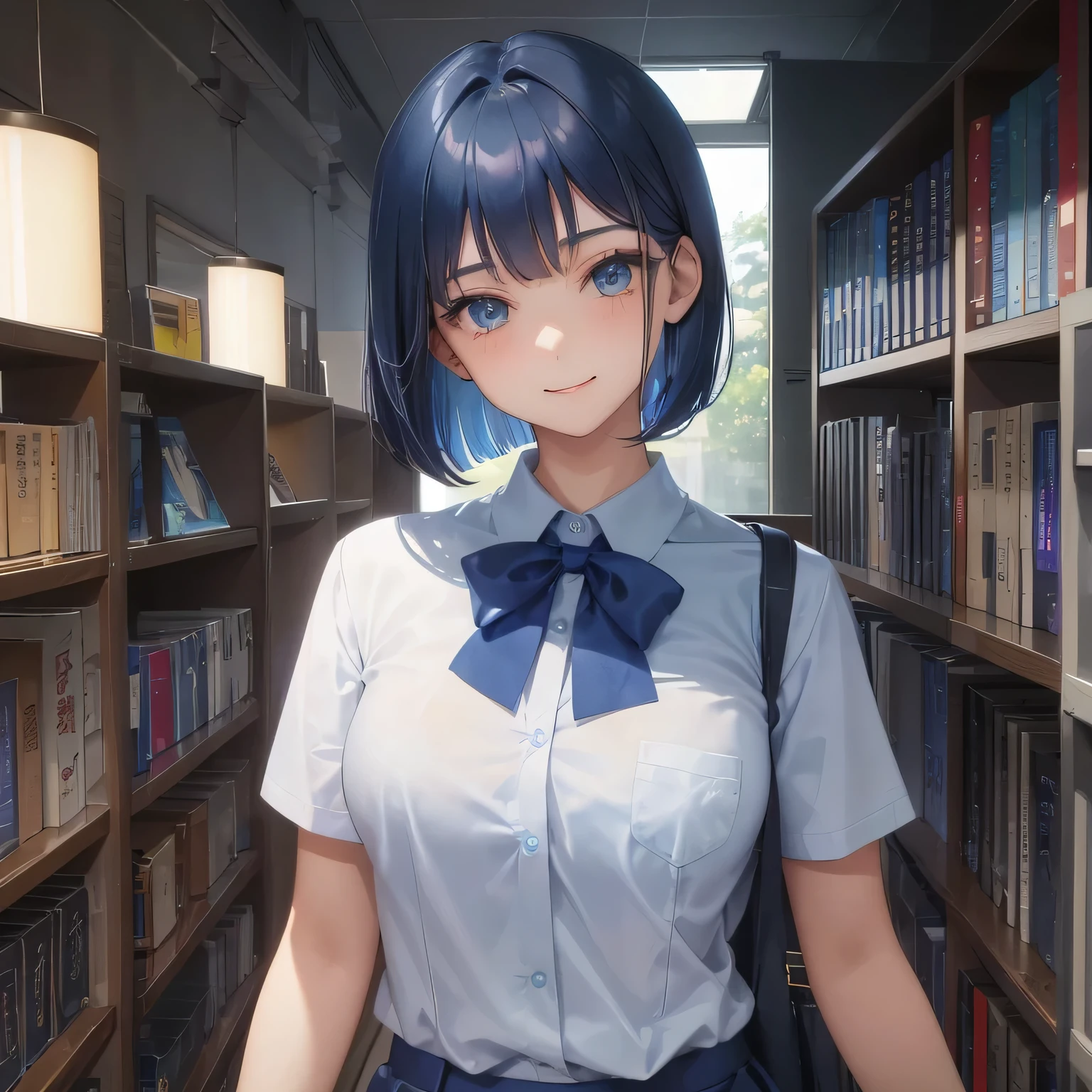 1 high school girl　17 year old woman　bob cut　dark blue hair color　high school uniform　Y shirt short sleeve　light blue Y-shirt　blue ribbon　dark blue hair color　big breasts　full body portrait　school library　smile gently　solo　slim body shape　Library