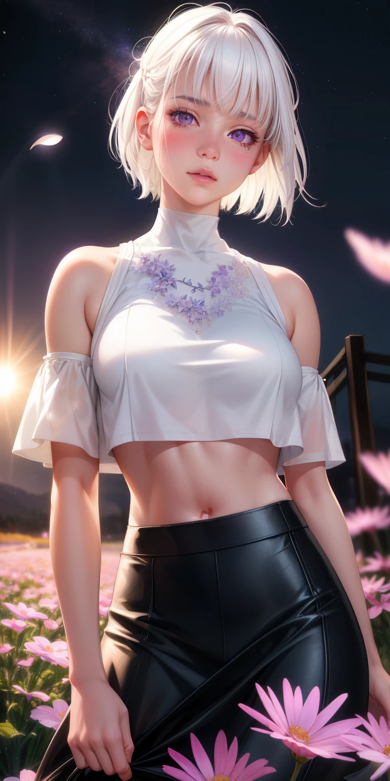 realistic, 1 girl, white hair, purple eyes, glowing eyes, crop top, skirt, Chapped lips, Blush, nighttime, flower, sun, sunlight,