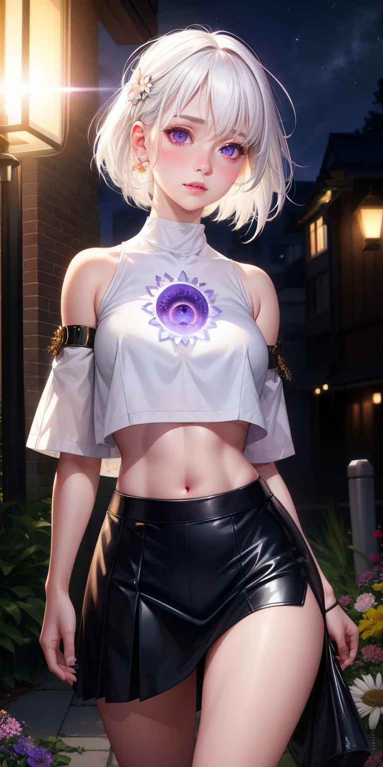 realistic, 1 girl, white hair, purple eyes, glowing eyes, crop top, skirt, Chapped lips, Blush, nighttime, flower, sun, sunlight,