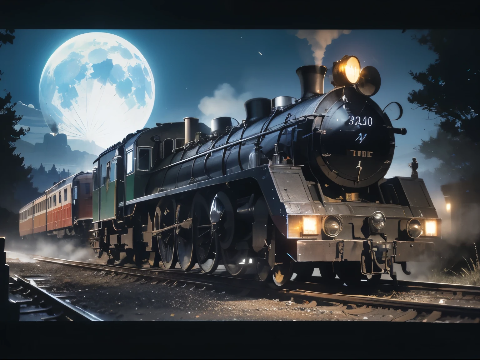 Brick station，The steam locomotive stopped，(amazing roofless platform)，(Europe)、train illuminated by moonlight. Detail view. Bright colors. high resolution. --S1000 --AR4:5 --5 ↑ DeepL English culture。The original text is ↓ A steam locomotive was stopped at Brick Station.，train illuminated by moonlight、amazing station platform。Detail view。Bright colors。High level image quality。