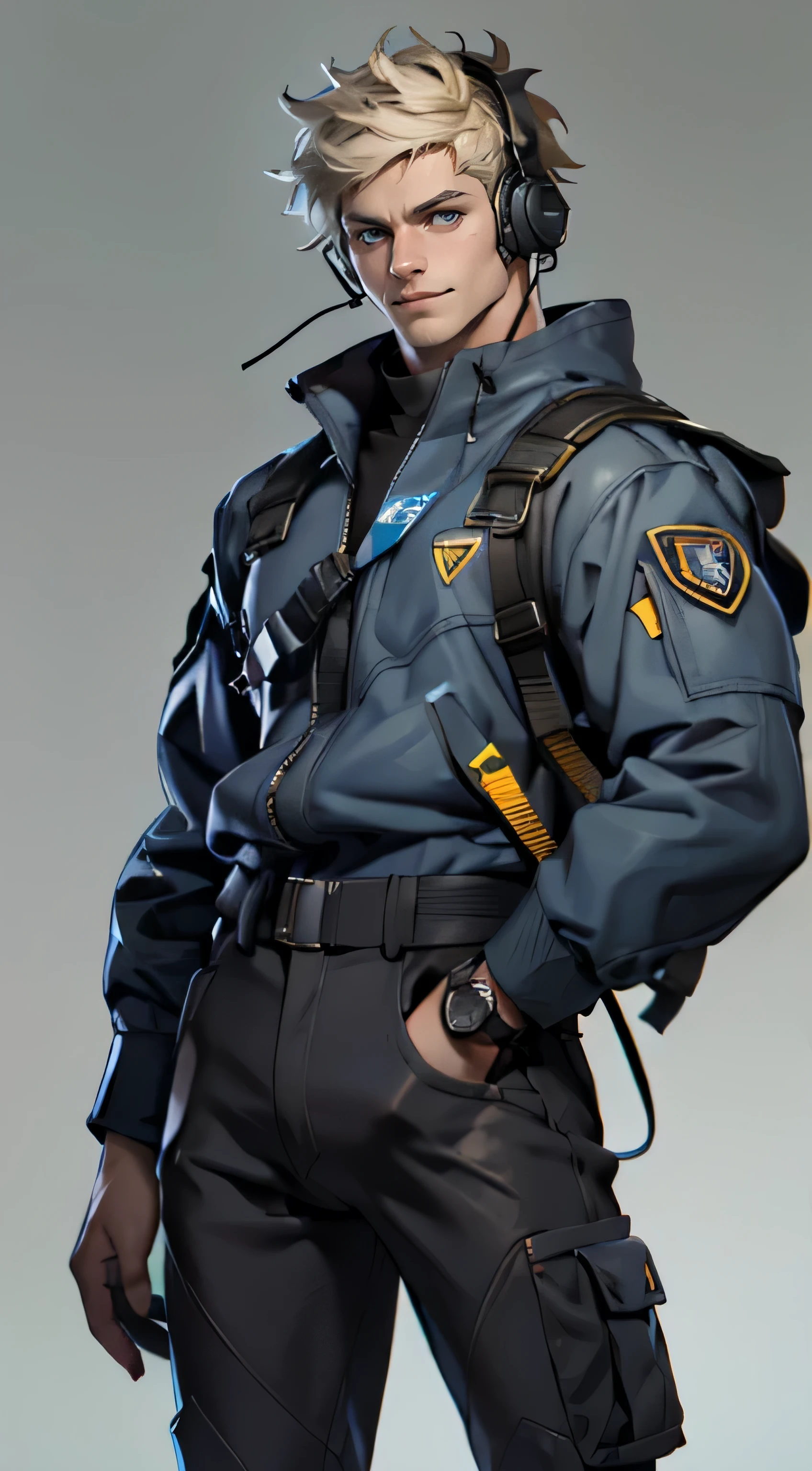 11:23(((best quality: 1.4))),(Unparalleled masterpiece), (Ultra high quality),(Hyper-realistic 8K CG)、(smiley face),(Headset devices),(light color short hair),(greet),(one hand raised to gesture),(Tech mech), ((( Body))), (((1 male))), 25-year-old American soldier with perfect Body,,Beautiful and well groomed face,muscular Body:1.2, (Pictures from head to thighs), Complex equipment, Tachibana,trousers,The clothes are dark,Clothes with armored metal electronic parts