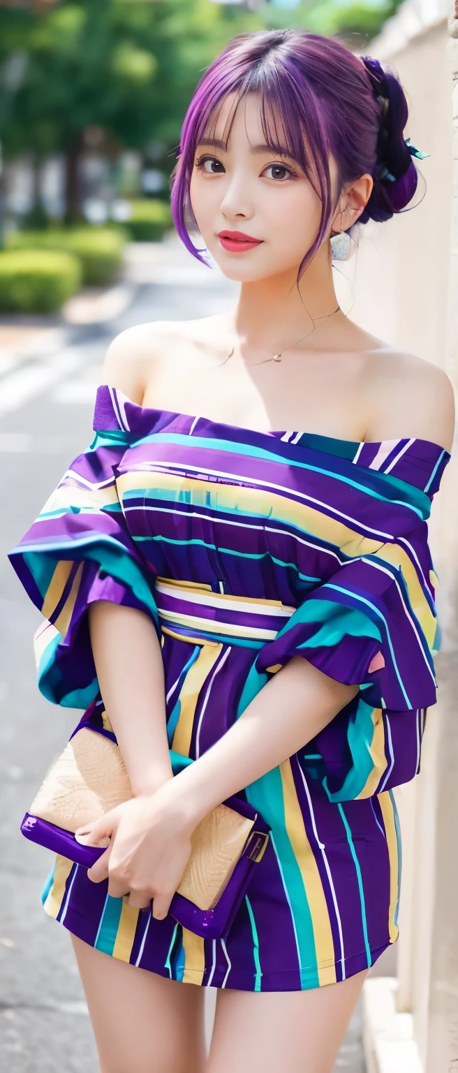 retro idol、whole body、good style、、、、、Colorful striped tight mini kimono dress(off shoulder)、purple hair
