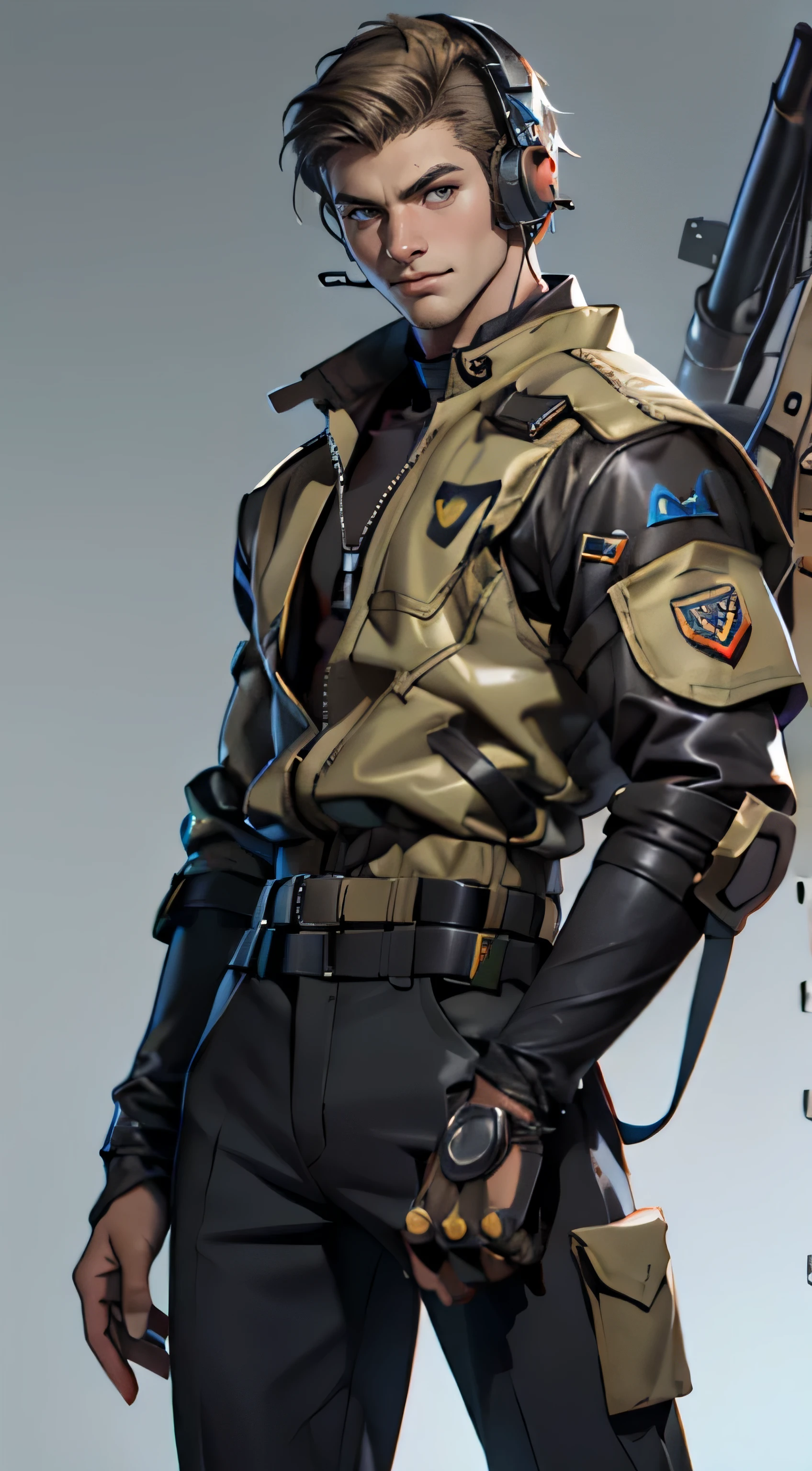 11:23(((best quality: 1.4))),(Unparalleled masterpiece), (Ultra high quality),(Hyper-realistic 8K CG)、（smiley face），（Headset devices），（light color short hair），（greet），（one hand raised to gesture），（Tech mech）， ((( Body))), (((1 male))), 25-year-old American soldier with perfect Body,,Beautiful and well groomed face,muscular Body:1.2, (Pictures from head to thighs)， Complex equipment, Tachibana，trousers，The clothes are dark，Clothes with armored metal electronic parts