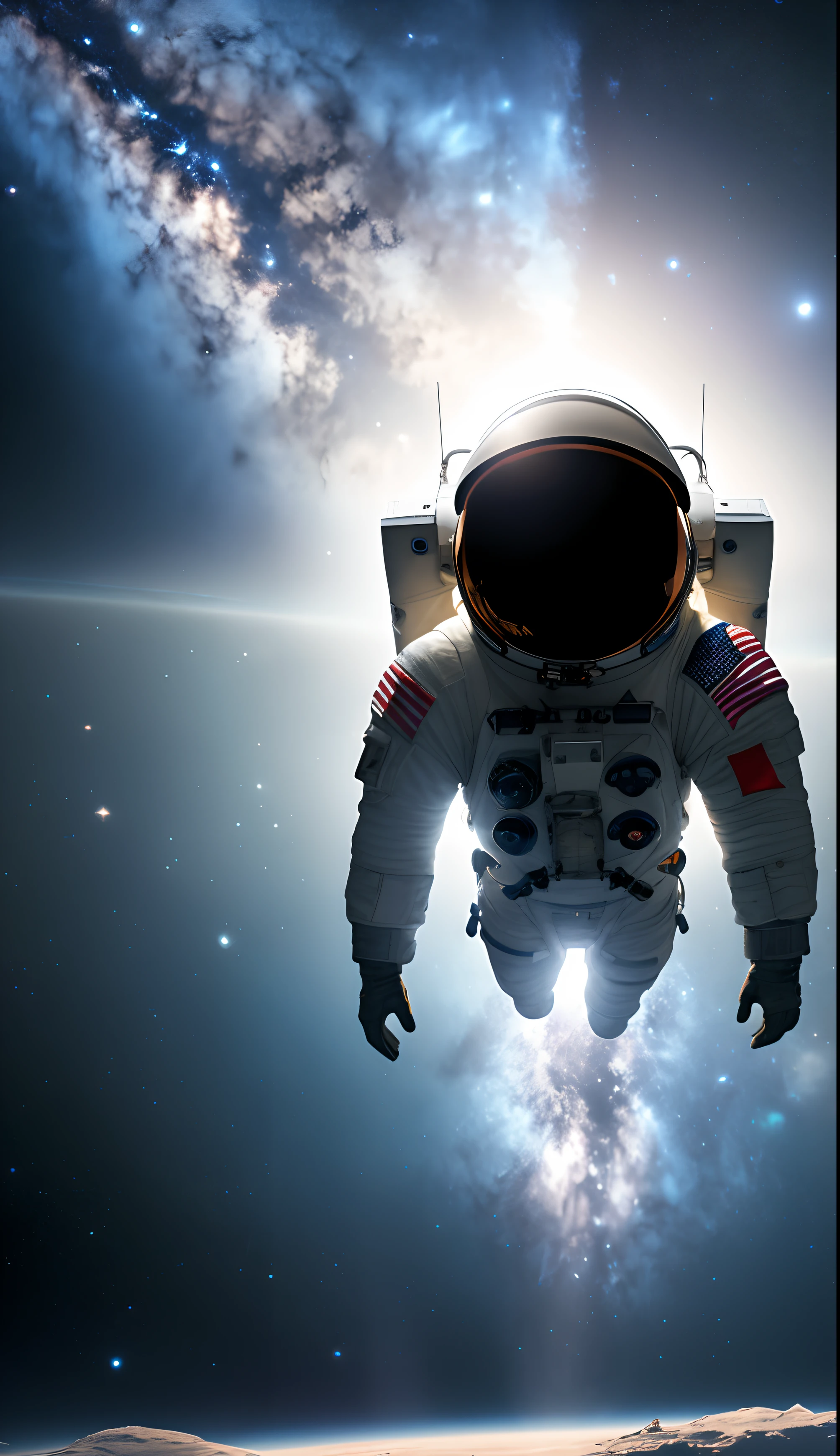 An astronaut in space floats outside a spacecraft。 keyword：in weightlessness、exploring、unlimited、Solitude、amaze。 Realistic style：Detailed and accurate depiction of astronauts' clothing and equipment。 Camera model and lens：A wide-angle camera captures vast vistas of space。 illuminating：downy、Subtle lighting，Highlight the astronauts and the surrounding scene。 enviroment：Dark interstellar space，The shadow of a distant galaxy。