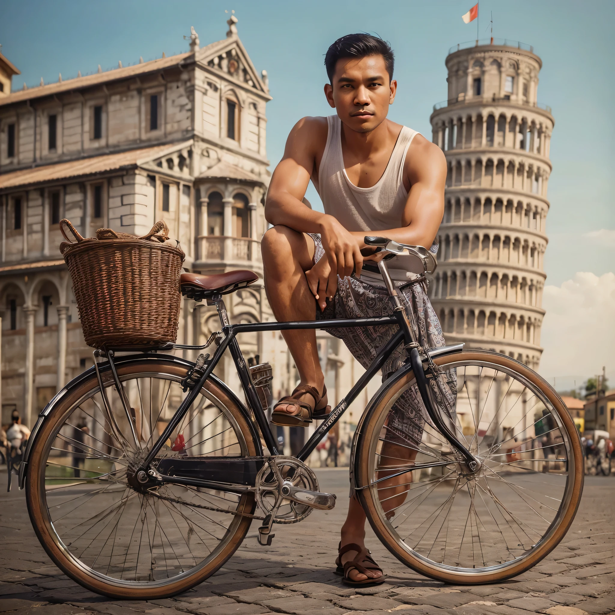 generate image a photo of an Indonesian man, clean face, short fade undercut hair, posing with a classic 1965s Raleigh bicycle in front of the Pisa in Italia, depicted with a hyper-realistic oil painting effect. Wearing a sleeveless t-shirt, sarong and sandals. The scene embodies the theme of travel and iconic landmarks, with the bike adding a touch of nostalgic mid-18th century Europe fashion and design.