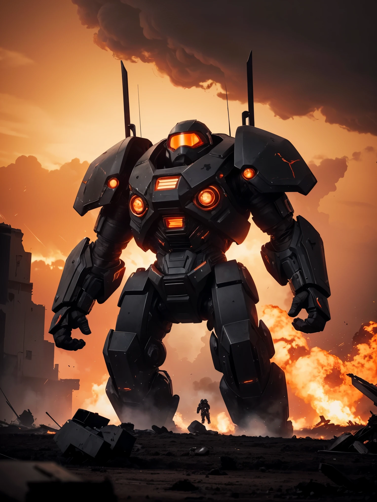 A polished black ceramic exoskeleton-clad juggernaut with heavy weapons, showcasing flying abilities, hovers over a post-apocalyptic battlefield. Other juggernauts emit fire and plumes of smoke against a backdrop of dark orange-red skies. The scene is captured cinematically with a textured finish, evoking a sense of impending destruction and chaos.