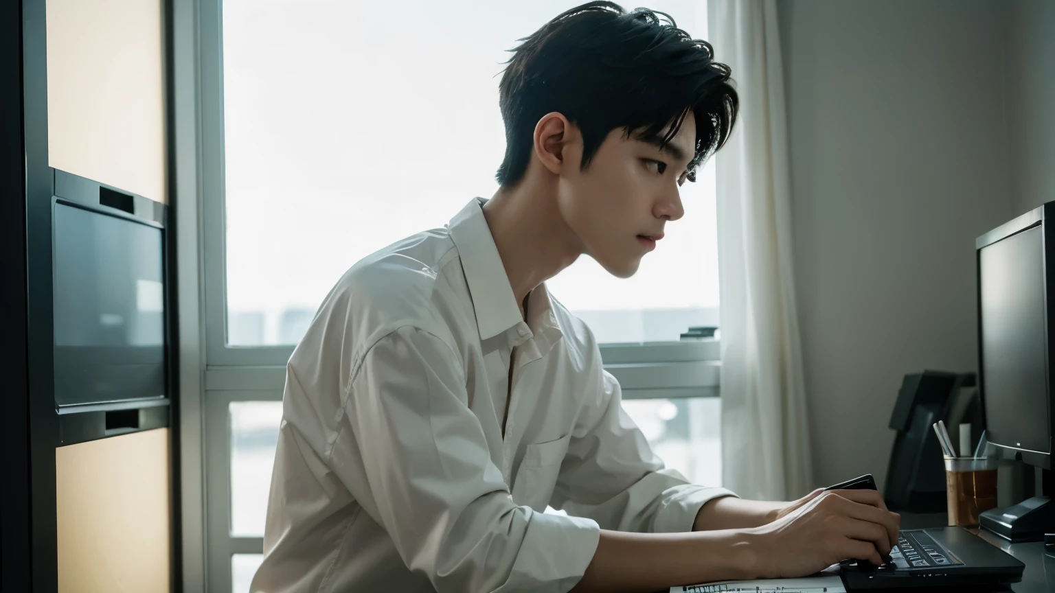 best quality,super detail,Ultra High Resolution,glorious picture,A boy,22-year-old Korean model,East Asian faces,Slightly younger face,perfect bodies,Ultra-delicate skin,Staring straight ahead,

{{{Looking at the computer}}}, being attracted by the computer screen,

{{{In the room}}} ,realistic shadovand light,ray tracing,Perfect dynamic composition,

Starting below,(Sharp Focus: 1.2),ray tracing,Cinematic Light,

