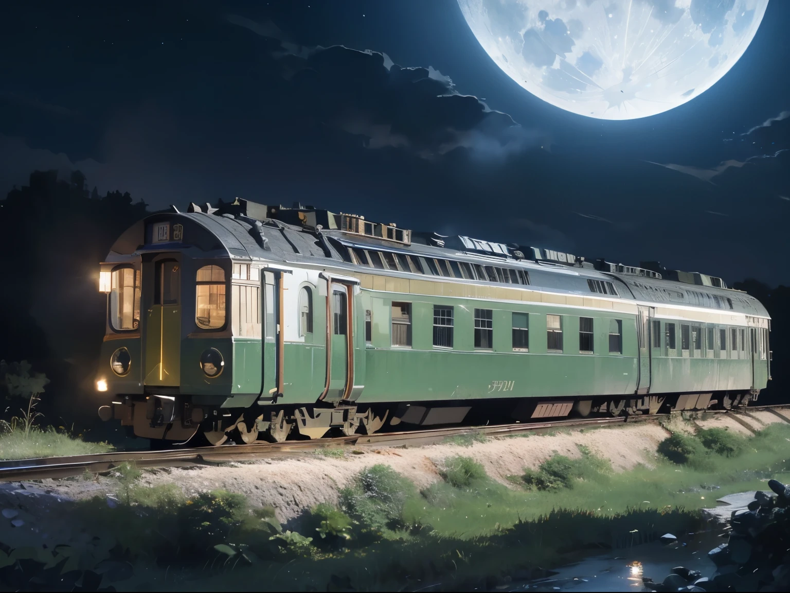 Brick station，The steam locomotive stopped，(amazing roofless platform)，(Europe)、train illuminated by moonlight. Detail view. Bright colors. high resolution. --S1000 --AR4:5 --5 ↑ DeepL English culture。The original text is ↓ A steam locomotive was stopped at Brick Station.，train illuminated by moonlight、amazing station platform。Detail view。Bright colors。High level image quality。