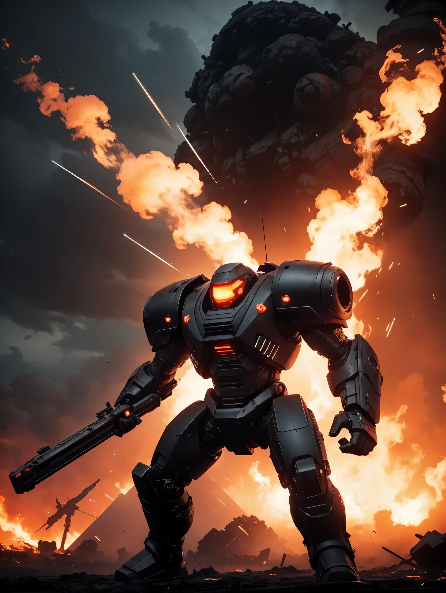 A polished black ceramic exoskeleton-clad juggernaut with heavy weapons, showcasing flying abilities, hovers over a post-apocalyptic battlefield. Other juggernauts emit fire and plumes of smoke against a backdrop of dark orange-red skies. The scene is captured cinematically with a textured finish, evoking a sense of impending destruction and chaos.