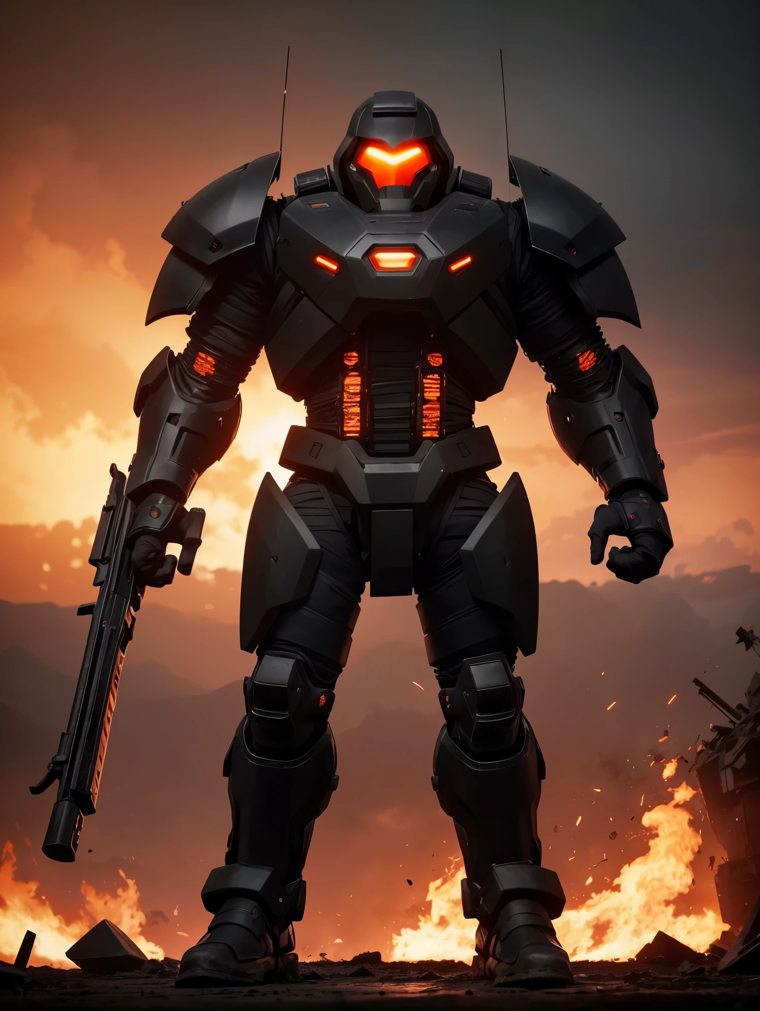 A polished black ceramic exoskeleton-clad juggernaut with heavy weapons, showcasing flying abilities, hovers over a post-apocalyptic battlefield. Other juggernauts emit fire and plumes of smoke against a backdrop of dark orange-red skies. The scene is captured cinematically with a textured finish, evoking a sense of impending destruction and chaos.