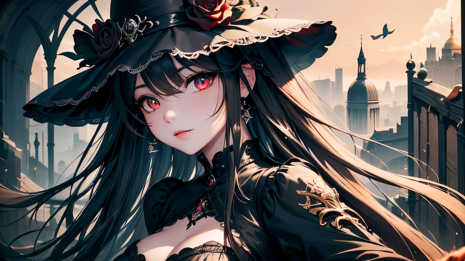 4K quality:1.2,1girl,sense of deps,disorganized,catch light,Super beautiful illustration,((black color,long hairstyles:1.3)),dark dark eyeshadow,(((4k,super beautiful,In detail,red eyes))),bright red lipstick,gothic ta,beautiful and delicate hair