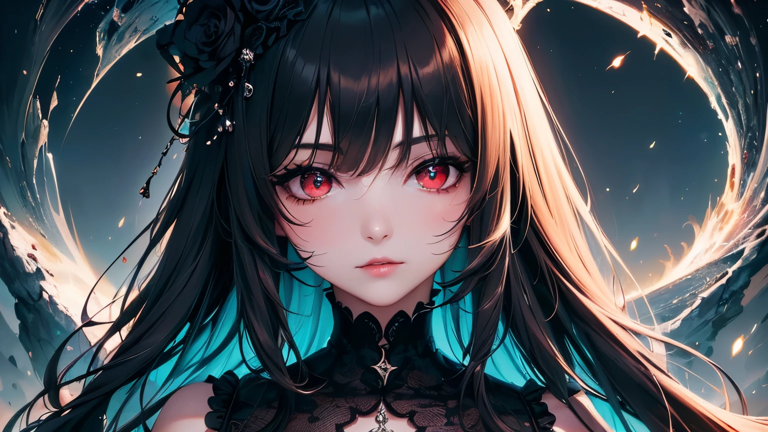 4K quality:1.2,1girl,sense of deps,disorganized,catch light,Super beautiful illustration,((black color,long hairstyles:1.3)),dark dark eyeshadow,(((4k,super beautiful,In detail,red eyes))),bright red lipstick,gothic lolita,beautiful and delicate hair 