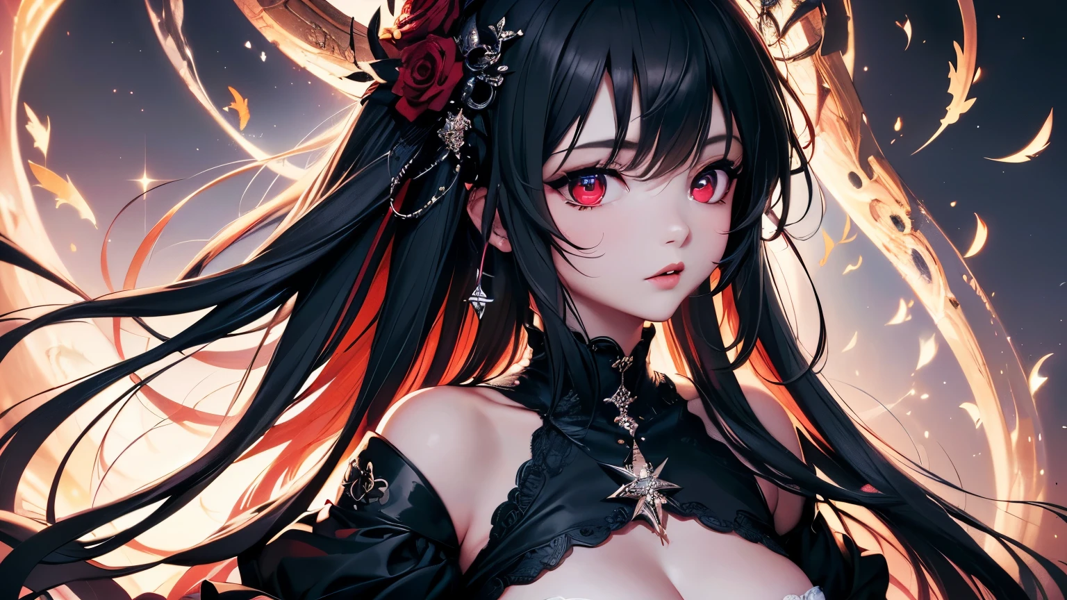 4K quality:1.2,1girl,sense of deps,disorganized,catch light,Super beautiful illustration,((black color,long hairstyles:1.3)),dark dark eyeshadow,(((4k,super beautiful,In detail,red eyes))),bright red lipstick,gothic lolita,beautiful and delicate hair 