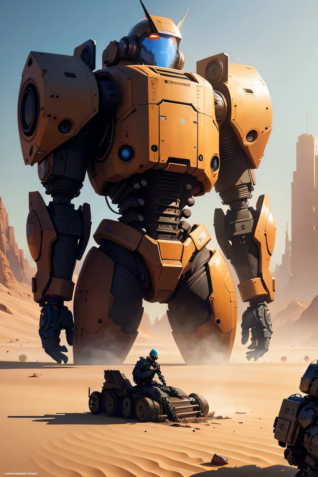 Abandoned large mecha，there is a large robot sitting on the ground in the desert, by Craig Mullins, beeple and jean giraud, craig mullins nekro, pascal blanche, craig mullins greg rutkowski, wojtek fus, inspired by Craig Mullins, greg beeple, craig mullins style, wadim kashin. ultra realistic, by Ryan Barger