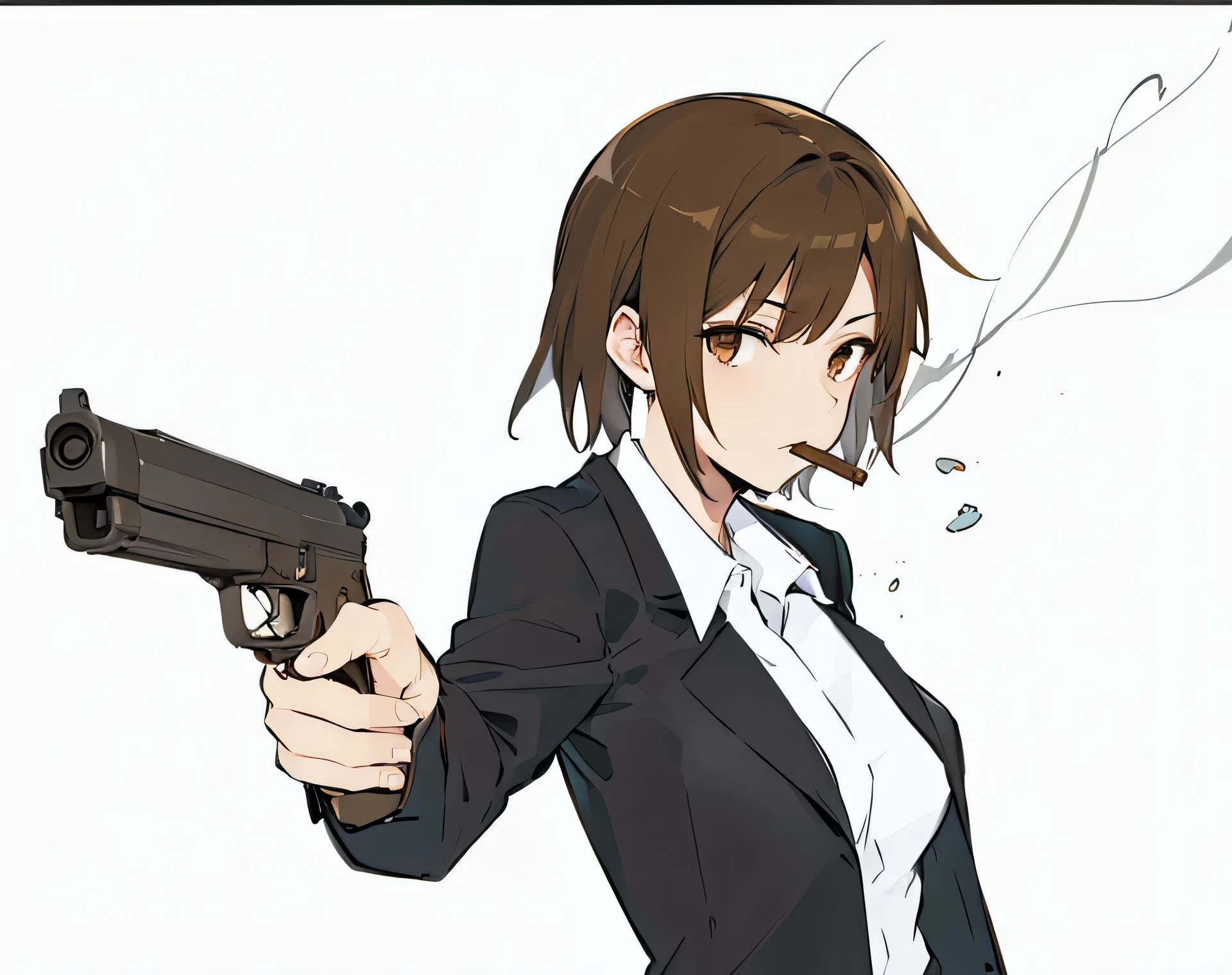 woman　short hair　brown hair　brown eyes　gun　holding a gun　suit　cigar