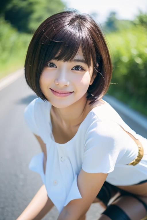 8k、highest quality、masterpiece、超A high resolution、photograph、The elegance of beautiful Japanese women、Single-lens reflex camera、There are some good ones too、A transparent atmosphere、sexy lip、slanted bangs、beautiful face、bob cut hair、make bangs、smile、natural soft light、22 year old girl wearing a white blouse、wear a miniskirt、country road、riding a bicycle