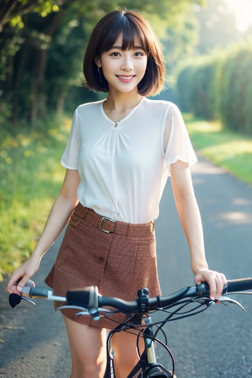 8k、highest quality、masterpiece、超A high resolution、photograph、The elegance of beautiful Japanese women、Single-lens reflex camera、There are some good ones too、A transparent atmosphere、sexy lip、slanted bangs、beautiful face、bob cut hair、make bangs、smile、natural soft light、22 year old girl wearing a white blouse、wear a miniskirt、country road、riding a bicycle