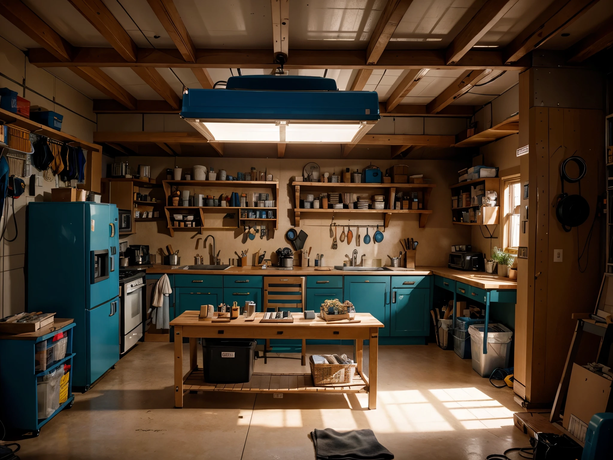 Visualize a warmly lit suburban garage, its interior illuminated by soft overhead lights. In the foreground, a couple stands side by side, surrounded by shelves filled with neatly organized tools and bins brimming with building materials. One of them holds a tablet, scrolling through design inspiration, while the other flips through architectural magazines. A laptop on a nearby workbench displays a detailed 3D model of their home, showcasing proposed renovations. In the background, the glow of a power tool illuminates the scene as they embark on their DIY journey, bringing their vision to life one careful step at a time.