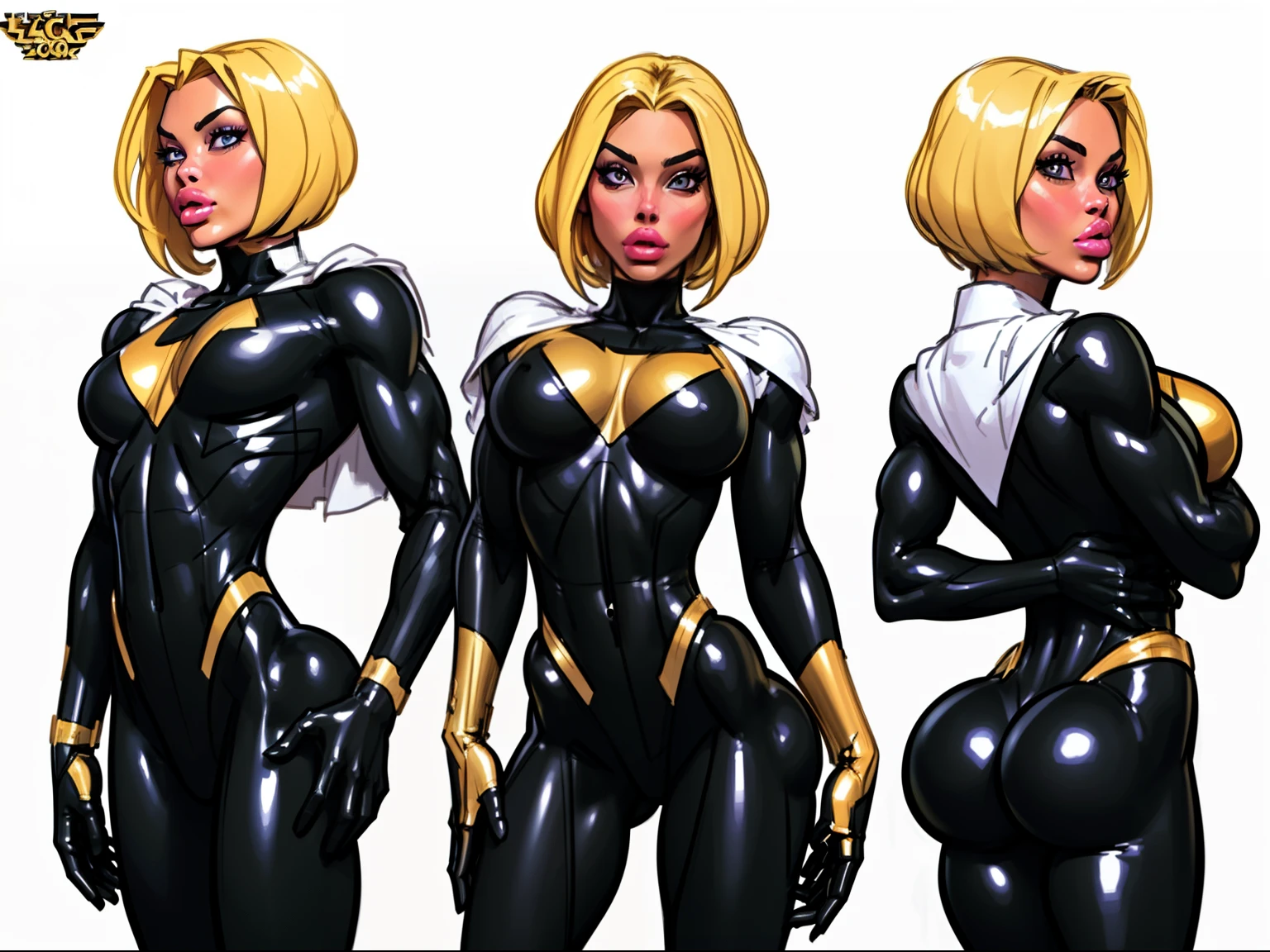 ((masterpiece)),(((best quality))),((character design sheet)), ((full body view)) illustration,1girl, muscular, ((black bodysuit:1.7)), superhero, (white cape:1.5) ((detailed face:1.4)) beautiful woman, (short hair:1.6) (small head:1.2), (flat breasts:1.3), (purple thigh highs:1.3), shiny skin, (gold logo on chest:1.4),scribbles and marks, (puffy lips:1.5), (full lips:1.4) (wide hips:1.3), big lips, detailed lips, (gold gloves:1.2) rough sketches, pose, 8k,16k, (simple background, white background: 1.3)