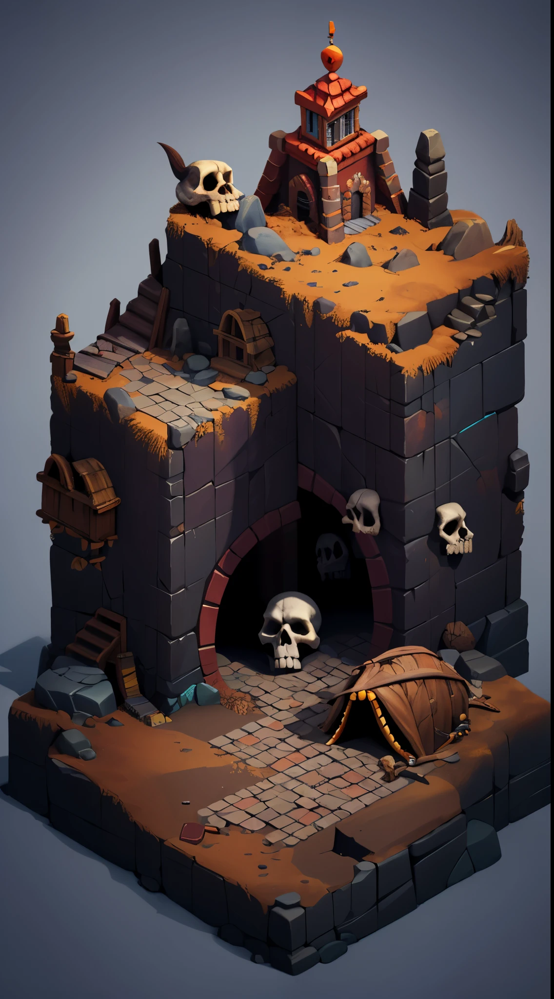 ((masterpiece,best quality)), Ridiculous , Isometric_environment, cave, skull decoration, dark