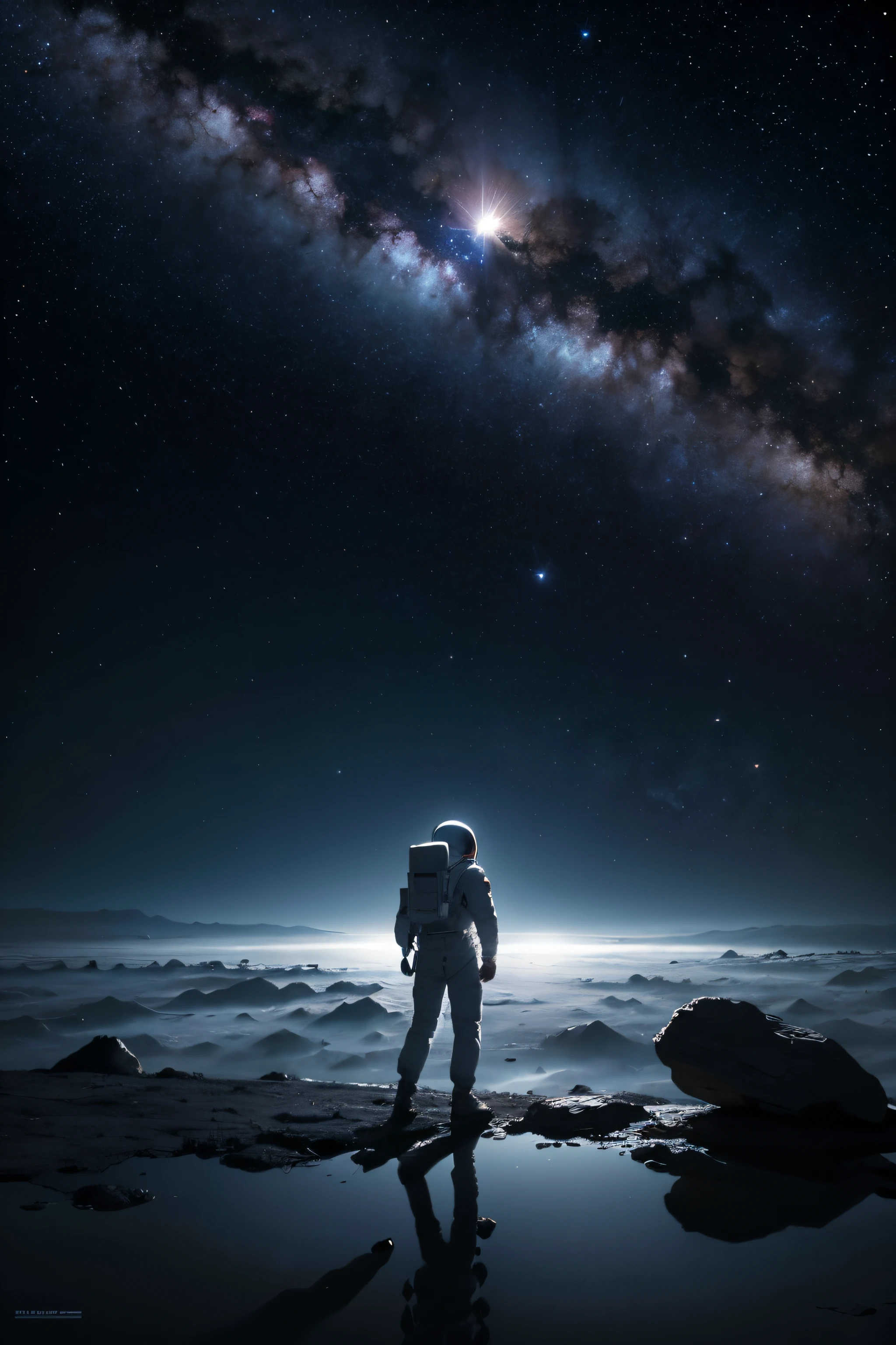astronaut walked on a lifeless planet just stone, back vision, in the background a galaxy, nebulosa, com centro brilha-te refletindo., detalhado.