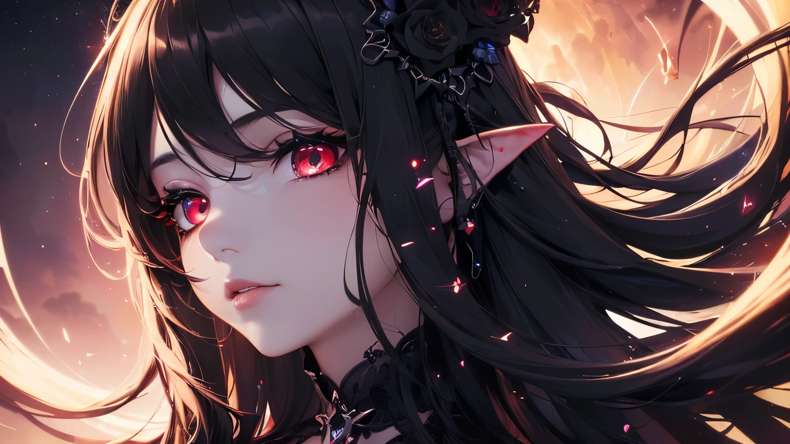 4K quality:1.2,1girl,sense of deps,disorganized,catch light,Super beautiful illustration,succubus,((black color,long hairstyles:1.3)),dark dark eyeshadow,(((4k,super beautiful,In detail,red eyes))),bright red lipstick,gothic ta,beautiful and delicate hair,full moon night