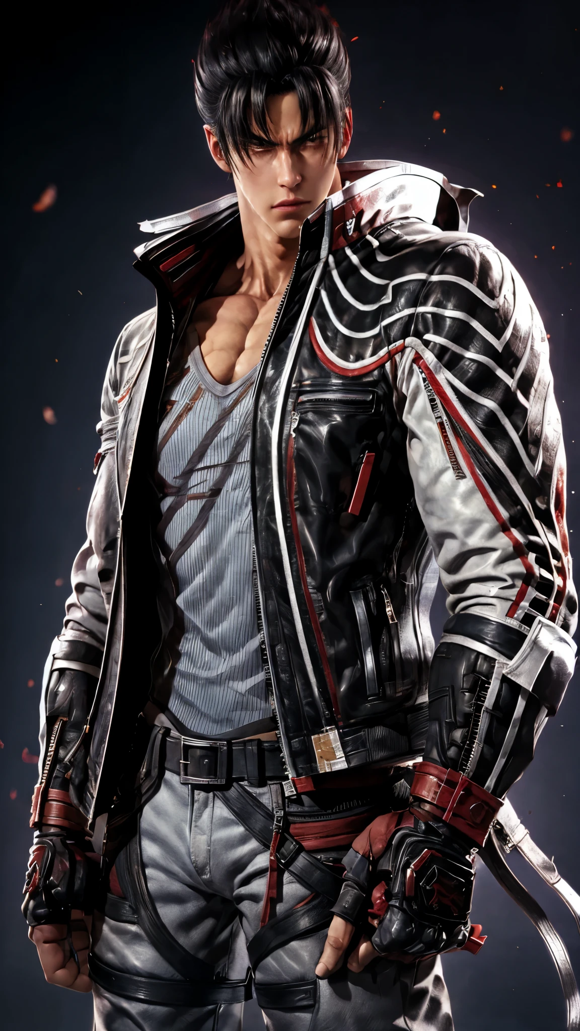 male focus, jin kazama, jacket, zipper, fighting stance, pants, fingerless gloves, shirt, boots, upper body masterpiece, best quality, absurdres,
