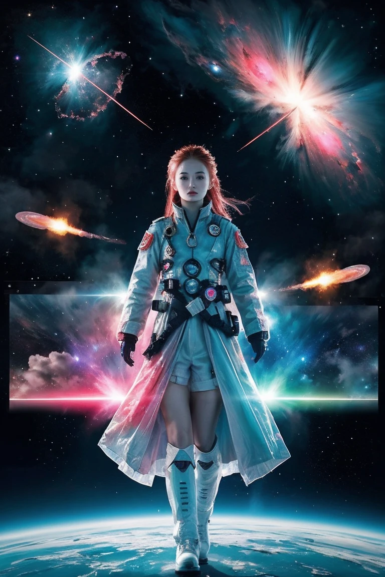 (alone) inconceivable and spectacular an emergency scene of a cloud figure Sophie Turner in a cosmic cloud, Fractal Nebula, cosmic, sky, Vibrant and vivid entities, whirlwind, spinning, unrealistic, high contrast, symbolism, magic, mystery的な, mystery, surreal, supersaturation, 8K、Woman in combat uniform、rocket boots、laser beam from hand、Against the backdrop of enemy space fleets