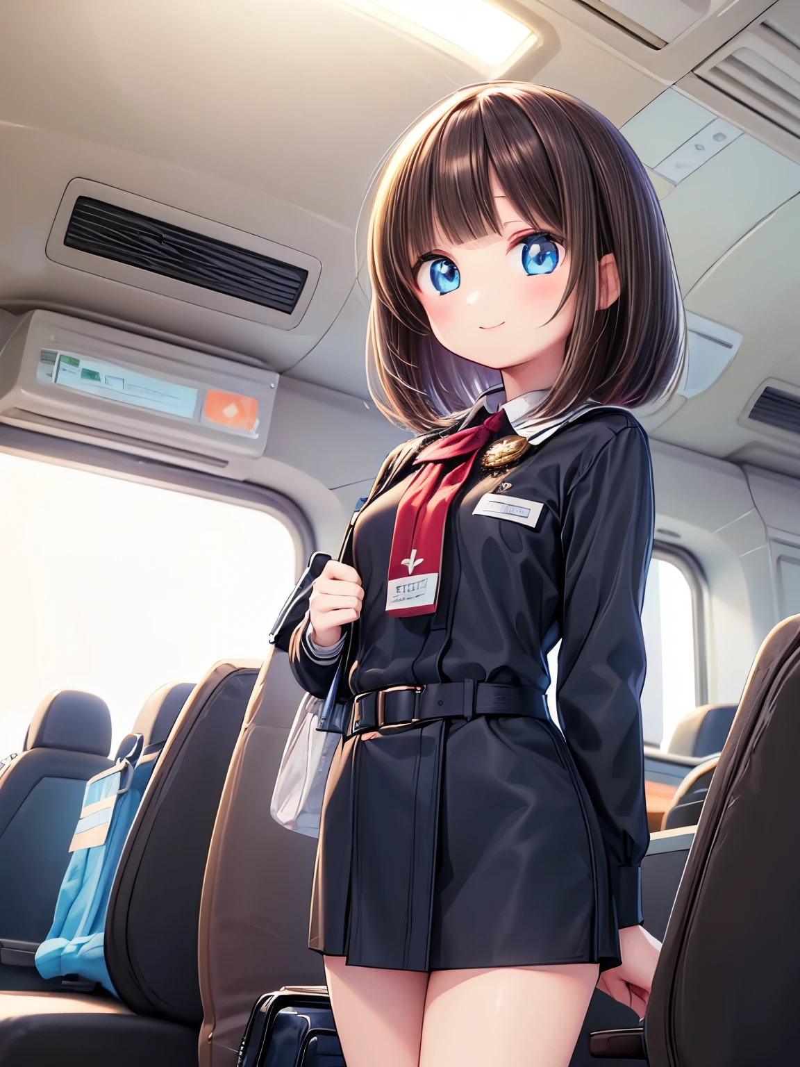 ultra-detailed,(masterpiece:1.2) , (best quality:1.2) , (ultra-detailed:1.4), 2.5D,extremely detailed,anime,girl,dark brown hair,medium hair,Break,blue eyes,Break,stewardess clothes,smile