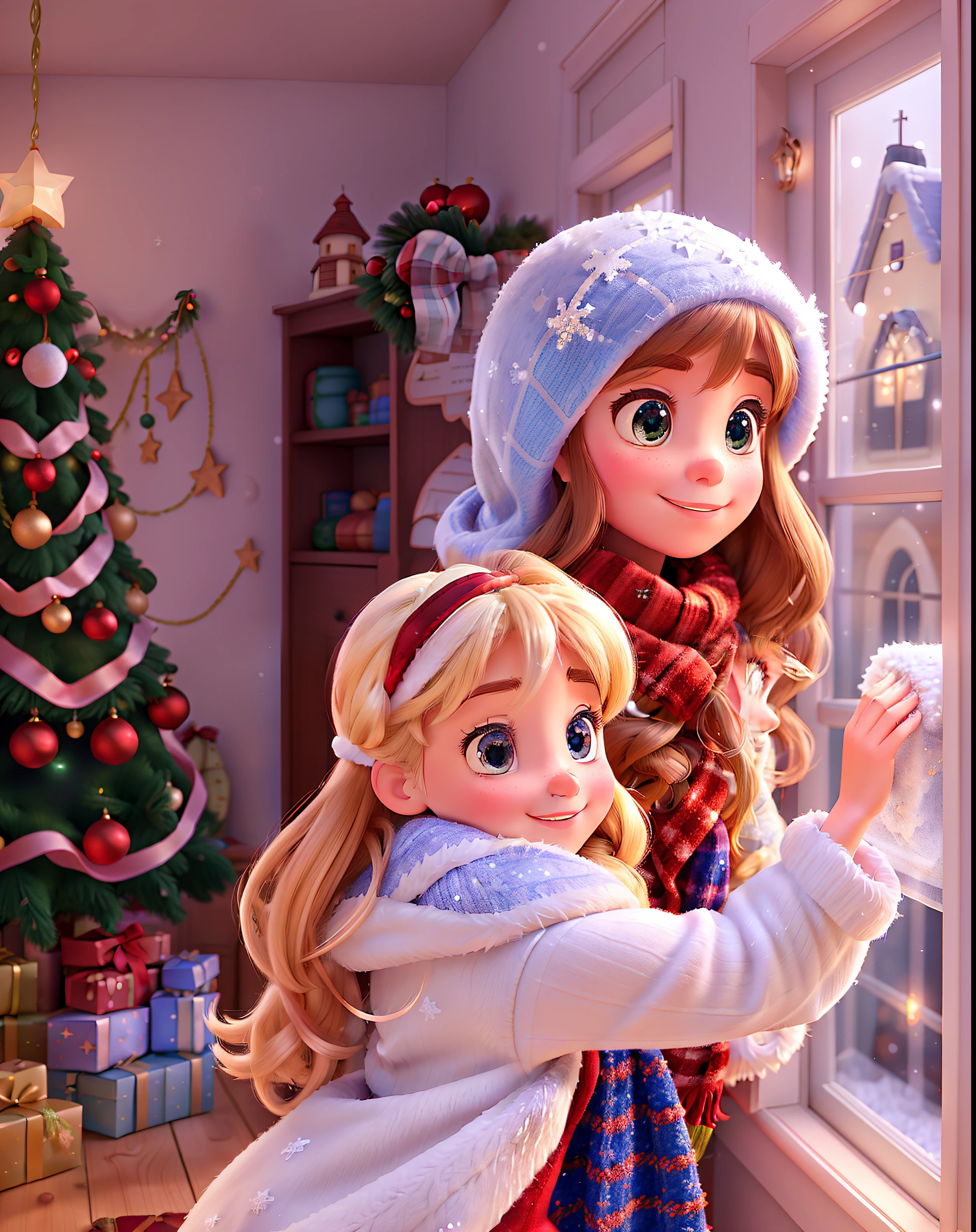 In a picturesque Disney Pixar Christmas illustration, 1young woman, a charming indoor house is adorned with sparkling "christmas" decorations. Outside, delicate "snow" blankets the scenery, while a "cute young woman" in snug "woolen" underwear gazes through the frosted "window," capturing the enchanting holiday spirit.