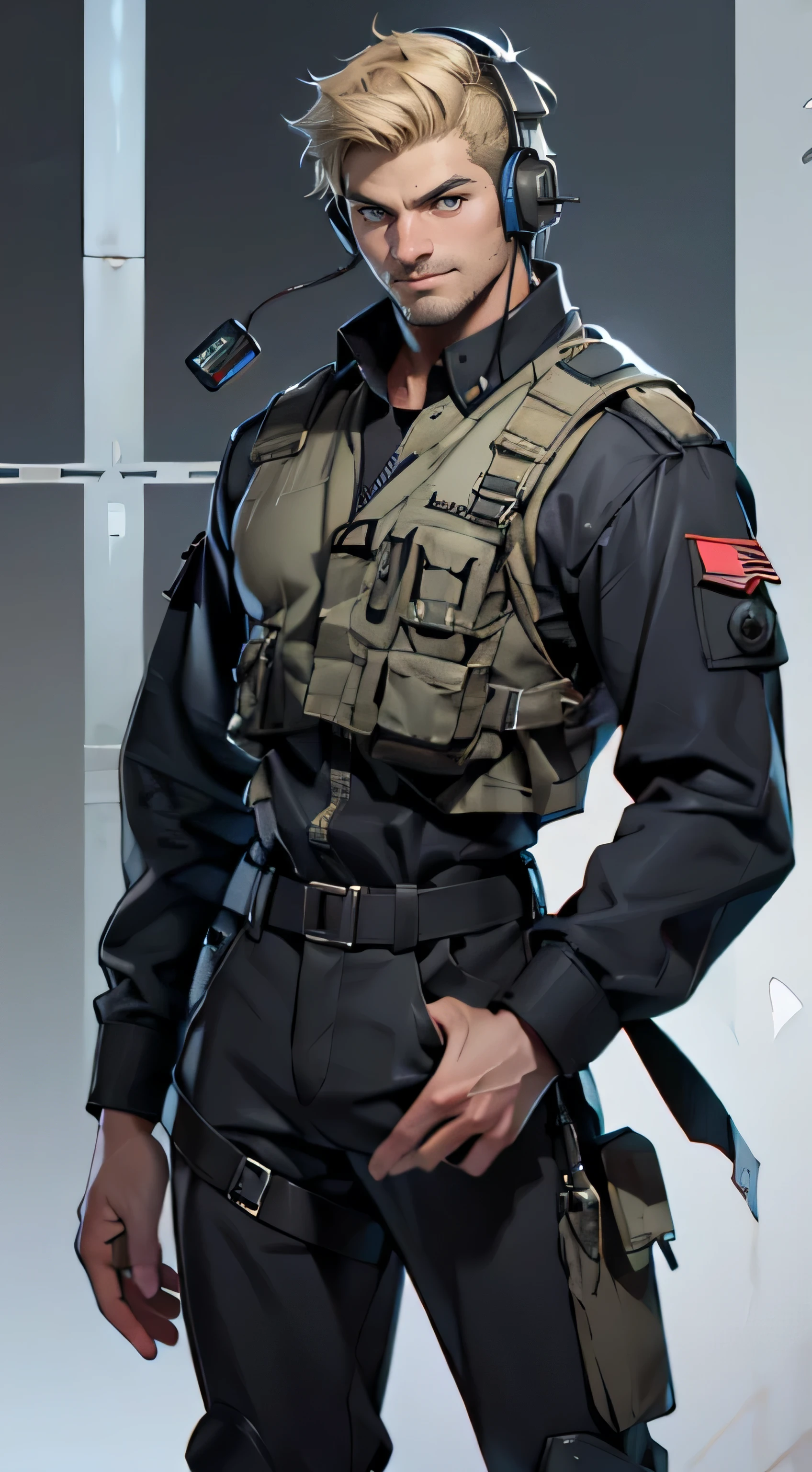 11:23(((best quality: 1.4))),(Unparalleled masterpiece), (Ultra high quality),(Hyper-realistic 8K CG)、（smiley face），（Headset devices），（light color short hair），（greet），（one hand raised to gesture），（Tech mech）， ((( Body))), (((1 middle-aged man))), 25-year-old American soldier with perfect Body,,Beautiful and well groomed face,muscular Body:1.2, (Pictures from head to thighs)， Complex equipment, Tachibana，trousers，The clothes are dark，Clothes with armored metal electronic parts