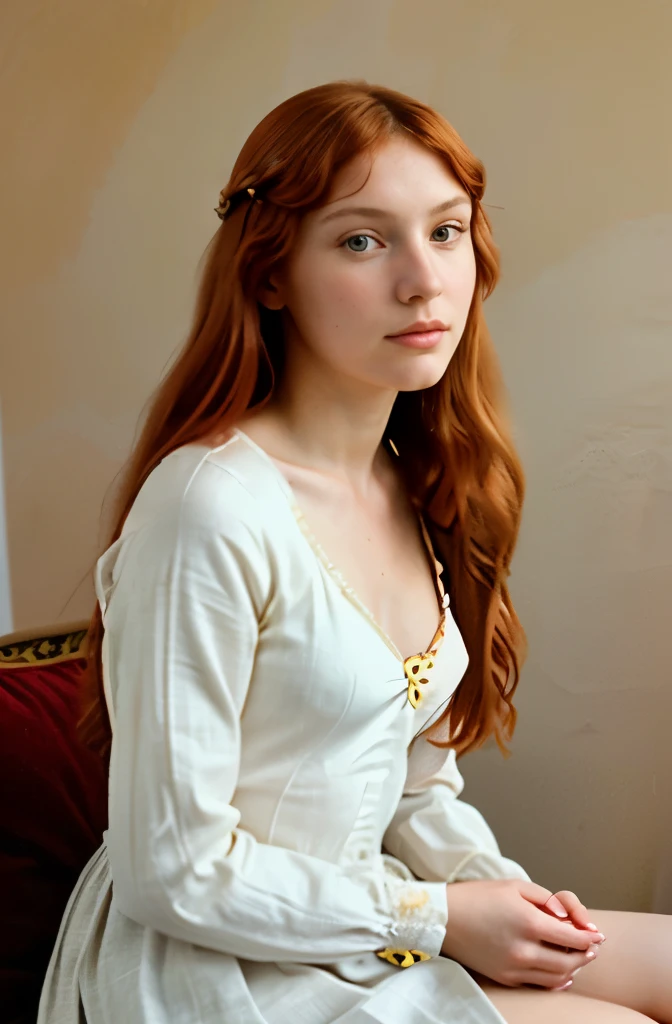 Photograph of Simonetta Cattaneo Vespucci, Botticelli's model for Venus, woman with long red hair, sandro botticelli style, botticelli, in a style blend of botticelli, aphrodite goddess of love, the birth of venus, botticelli style, in style of sandro botticelli, inspired by Sandro Botticelli,
soft pastel, high color contrast, gently faded tones, timeless elegance, highly detailed, master's touch, casual elegance, chiaroscuro lighting, evocative old-world charm. Ektachrome analog film print, 
 Intricately braided hair, fully clothed, (modern clothing:1.4), painting of a woman sitting on a cushion 