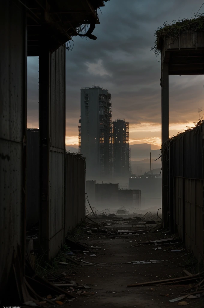 An abandoned mech, rusted and covered in vines, towering over a desolate cityscape. The mech's worn-out exterior shows intricate details of the mechanical parts and worn paint. The city below is in ruins, with crumbling buildings and overgrown vegetation. The setting is bathed in a warm, sunset glow, casting long shadows across the scene. The atmosphere is eerie and filled with a sense of loneliness and abandonment. The overall image quality is of the highest level, showcasing extreme details and textures. The color palette leans towards cool tones, with hints of faded blues and greens to enhance the desolate atmosphere. The lighting is dim, casting soft shadows and creating pockets of darkness. [Post-apocalyptic], [sci-fi], and [concept art] styles are incorporated, creating a sense of mystery and showcasing the abandoned potential of the mech and the city.
