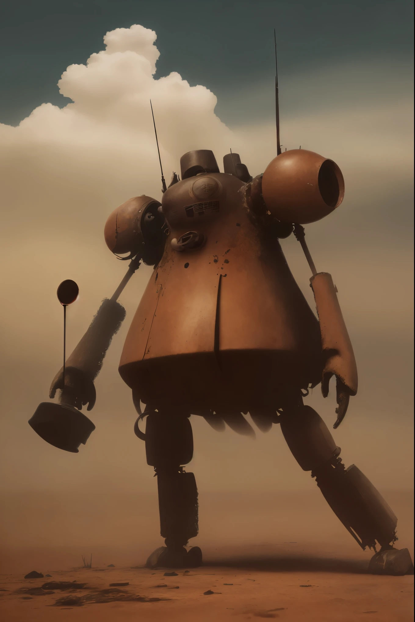  This photograph showcases a discarded mech, its old metal surface and rusty parts telling a story of neglect. Dim light filters through the gaps of the dilapidated mech, illuminating the scene. The mech's tires are flattened and deflated, leaving it stranded in a desolate background amidst the ruins of an abandoned factory. The scene is set in a post-apocalyptic world, filled with sci-fi elements that evoke a sense of doom and gloom.