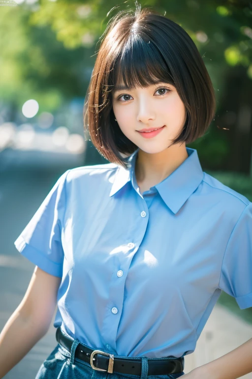 8k、highest quality、masterpiece、超A high resolution、photograph、The elegance of beautiful Japanese women、Single-lens reflex camera、A transparent atmosphere、sexy lip、slanted bangs、beautiful face、short cut hair、make bangs、smile、natural soft light、A 20-year-old girl wearing a blue shirt、wear blue jersey pants、In town、riding a bicycle