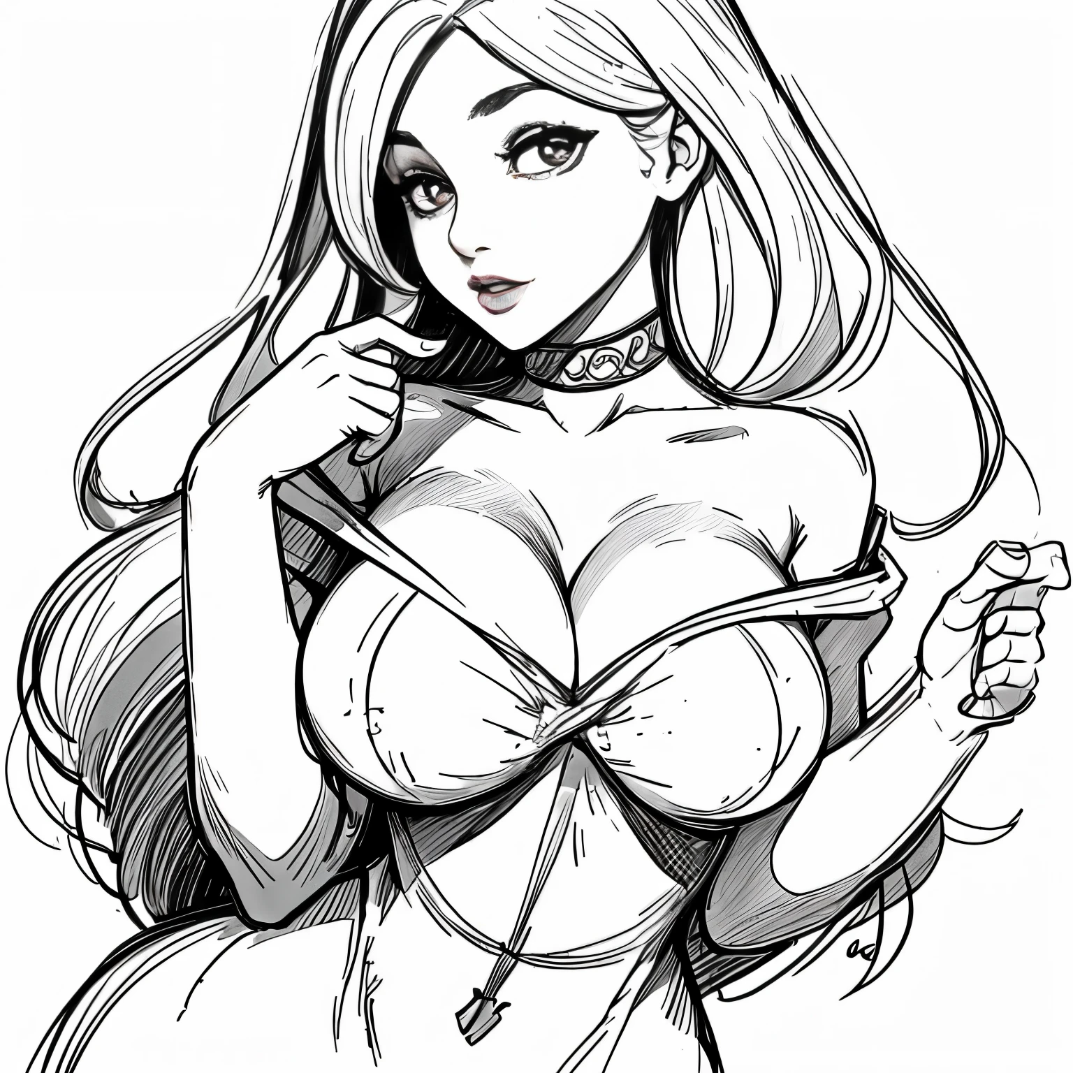 Coloring book for adults. Only black and white. low detail only main line. beautiful sensual nude and erotic woman with massive breasts. The breasts are not covered by anything. white background. white colors. full body view of blonde woman. (Ultra detailed:1.3) ((((best quality))) ,
