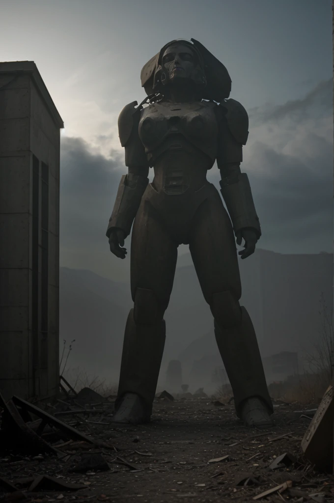 An abandoned mech, rusted and covered in vines, towering over a desolate cityscape. The mech's worn-out exterior shows intricate details of the mechanical parts and worn paint. The city below is in ruins, with crumbling buildings and overgrown vegetation. The setting is bathed in a warm, sunset glow, casting long shadows across the scene. The atmosphere is eerie and filled with a sense of loneliness and abandonment. The overall image quality is of the highest level, showcasing extreme details and textures. The color palette leans towards cool tones, with hints of faded blues and greens to enhance the desolate atmosphere. The lighting is dim, casting soft shadows and creating pockets of darkness. [Post-apocalyptic], [sci-fi], and [concept art] styles are incorporated, creating a sense of mystery and showcasing the abandoned potential of the mech and the city.