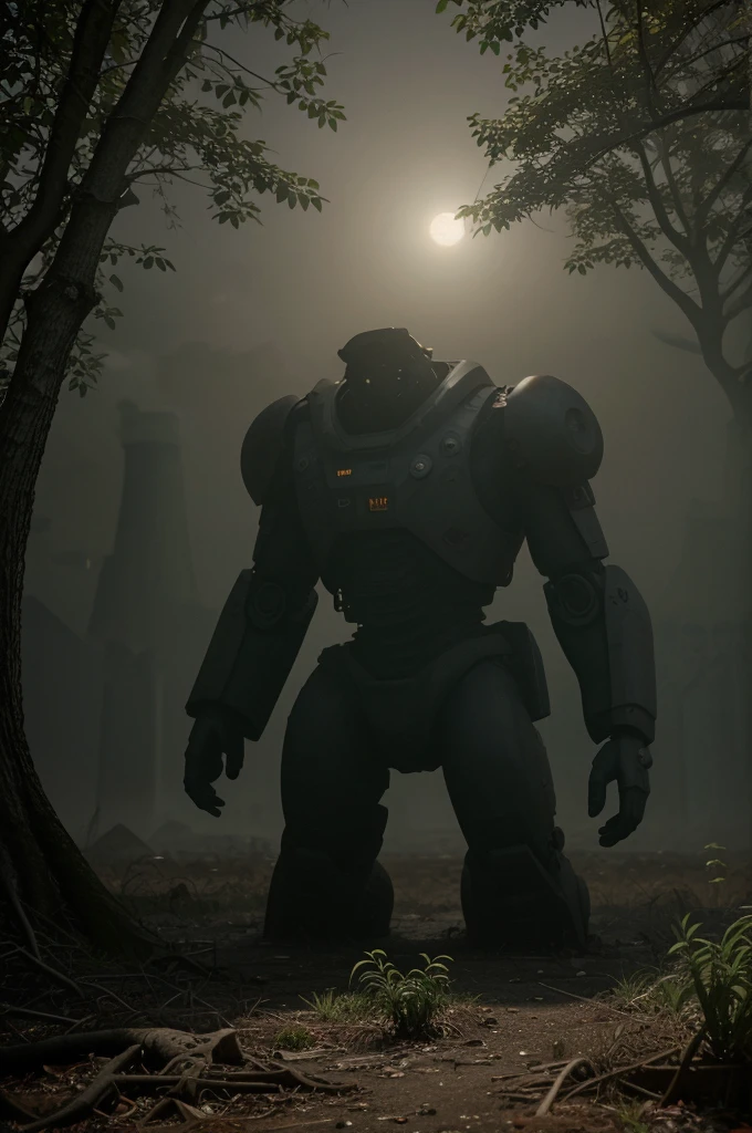 An abandoned mech, rusted and covered in vines, towering over a desolate cityscape. The mech's worn-out exterior shows intricate details of the mechanical parts and worn paint. The city below is in ruins, with crumbling buildings and overgrown vegetation. The setting is bathed in a warm, sunset glow, casting long shadows across the scene. The atmosphere is eerie and filled with a sense of loneliness and abandonment. The overall image quality is of the highest level, showcasing extreme details and textures. The color palette leans towards cool tones, with hints of faded blues and greens to enhance the desolate atmosphere. The lighting is dim, casting soft shadows and creating pockets of darkness. [Post-apocalyptic], [sci-fi], and [concept art] styles are incorporated, creating a sense of mystery and showcasing the abandoned potential of the mech and the city.