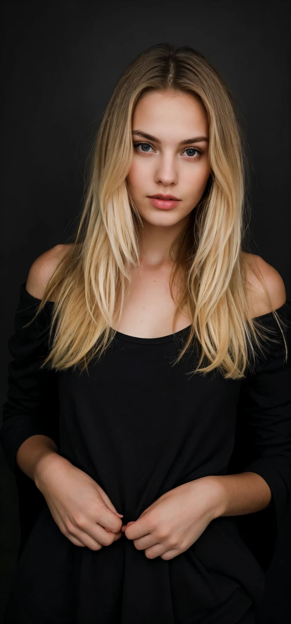 super cute blond woman in a dark theme