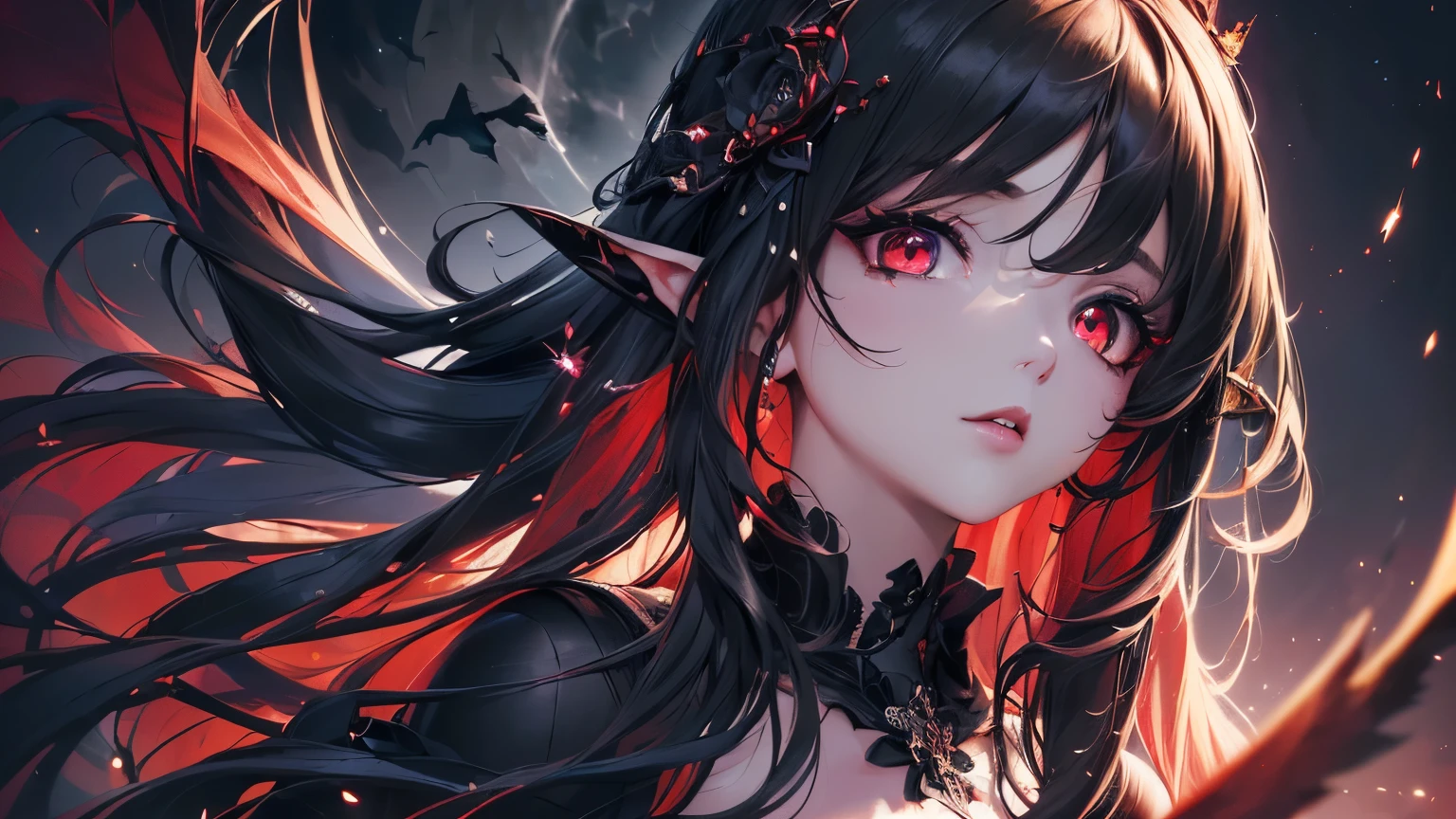 4K quality:1.2,1girl,sense of deps,disorganized,catch light,Super beautiful illustration,succubus,((black color,long hairstyles:1.3)),dark dark eyeshadow,(((4k,super beautiful,In detail,red eyes))),bright red lipstick,gothic ta,beautiful and delicate hair,full moon night