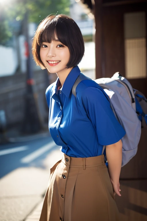 8k、highest quality、masterpiece、超A high resolution、photograph、The elegance of beautiful Japanese women、Single-lens reflex camera、A transparent atmosphere、sexy lip、slanted bangs、beautiful face、short cut hair、make bangs、smile、natural soft light、A 20-year-old girl wearing a blue shirt、wear blue jersey pants、In town、riding a bicycle
