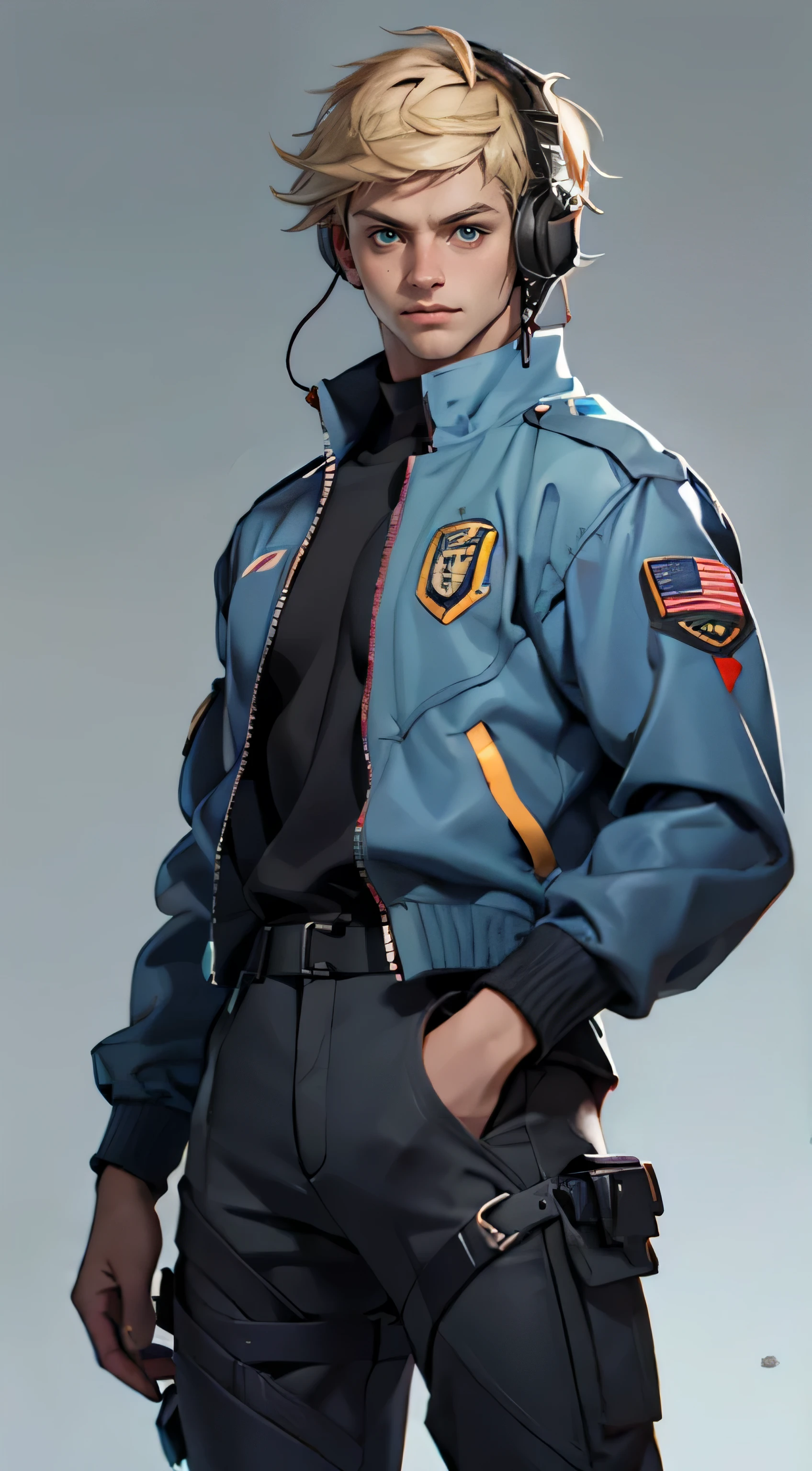 11:23(((best quality: 1.4))),(Unparalleled masterpiece), (Ultra high quality),(Hyper-realistic 8K CG)、（smiley face），（Headset devices），（light color short hair），（greet），（one hand raised to gesture），（Tech mech）， ((( Body))), (((1 young woman))), 25-year-old American soldier with perfect Body,,Beautiful and well groomed face,muscular Body:1.2, (Pictures from head to thighs)， Complex equipment, Tachibana，trousers，The clothes are dark，Clothes with armored metal electronic parts