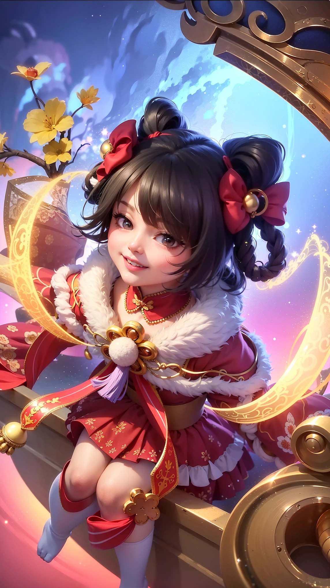 (8k, RAW photo, photorealistic:1.25) ,( lipgloss, eyelashes, gloss-face, glossy skin, best quality, ultra highres, depth of field, chromatic aberration, caustics, Broad lighting, natural shading, looking at viewer with a serene and goddess-like happiness, change from mobile legend game, black hair, red eyes, red ribbon, red kimono outfit, dynamic pose, outer space, relisem, 4k, hd, 1080p, smile.