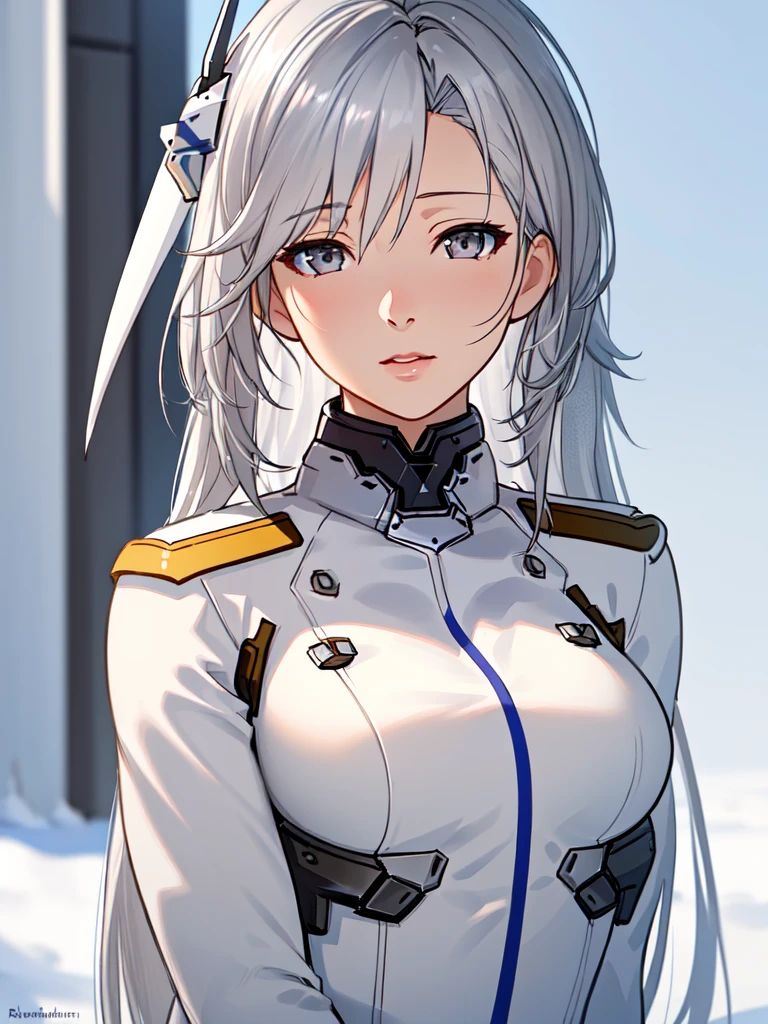 girl(Kronshtadt_\(Azur_Lane\, gray eyes, silver hair, long hair, white uniform), winter, frost, uhd, shadering VRay, RTX, realistic drawing, realistic eyes, 8k, realistic light, opengl-shaders, post-processing