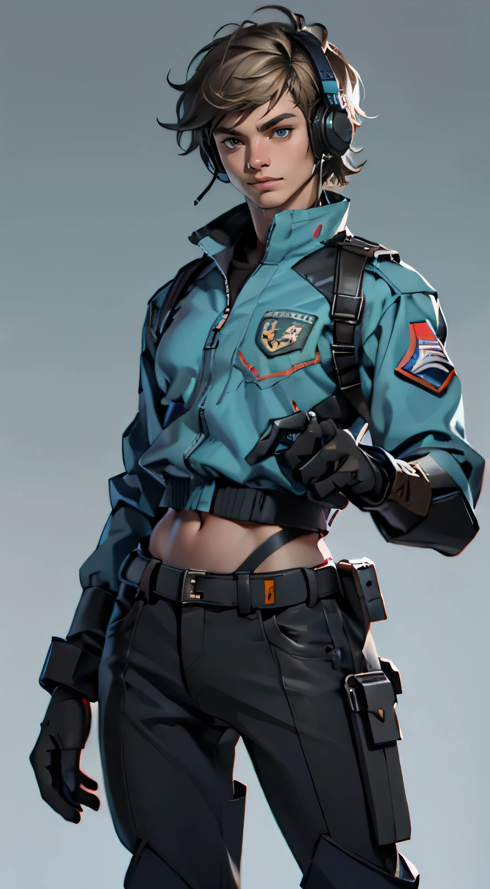 11:23(((best quality: 1.4))),(Unparalleled masterpiece), (Ultra high quality),(Hyper-realistic 8K CG)、(smiley face),(Headset devices),(light color short hair),(greet),(one hand raised to gesture),(Tech mech), ((( Body))), (((1 young woman))), 25-year-old American soldier with perfect Body,,Beautiful and well groomed face,muscular Body:1.2, (Pictures from head to thighs), Complex equipment, Tachibana,trousers,The clothes are dark,Clothes with armored metal electronic parts
