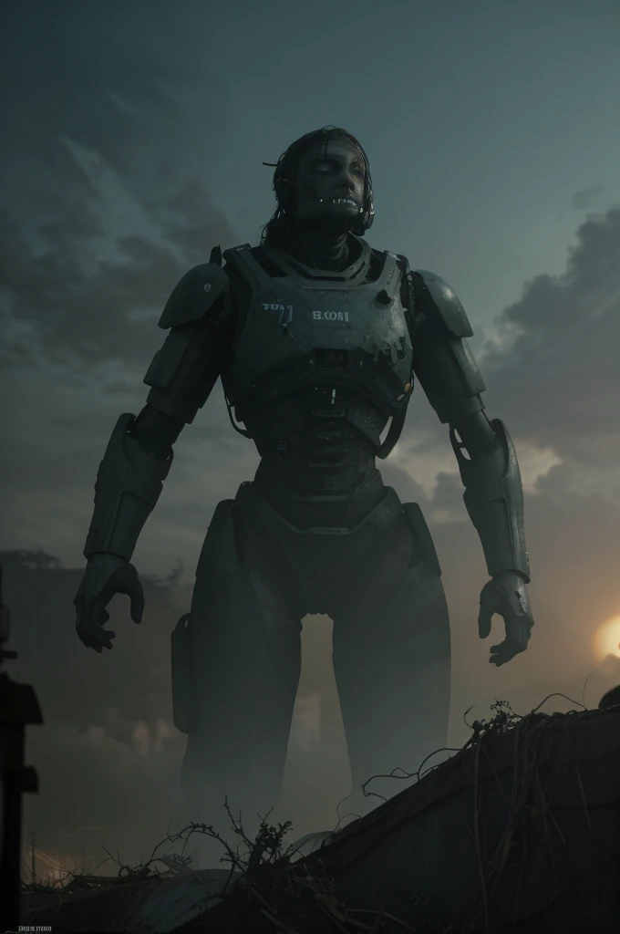 An abandoned mech, rusted and covered in vines, towering over a desolate cityscape. The mech's worn-out exterior shows intricate details of the mechanical parts and worn paint. The city below is in ruins, with crumbling buildings and overgrown vegetation. The setting is bathed in a warm, sunset glow, casting long shadows across the scene. The atmosphere is eerie and filled with a sense of loneliness and abandonment. The overall image quality is of the highest level, showcasing extreme details and textures. The color palette leans towards cool tones, with hints of faded blues and greens to enhance the desolate atmosphere. The lighting is dim, casting soft shadows and creating pockets of darkness. [Post-apocalyptic], [sci-fi], and [concept art] styles are incorporated, creating a sense of mystery and showcasing the abandoned potential of the mech and the city.