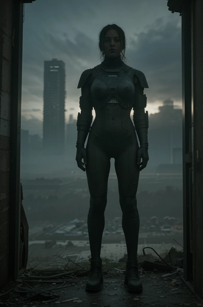 An abandoned mech, rusted and covered in vines, towering over a desolate cityscape. The mech's worn-out exterior shows intricate details of the mechanical parts and worn paint. The city below is in ruins, with crumbling buildings and overgrown vegetation. The setting is bathed in a warm, sunset glow, casting long shadows across the scene. The atmosphere is eerie and filled with a sense of loneliness and abandonment. The overall image quality is of the highest level, showcasing extreme details and textures. The color palette leans towards cool tones, with hints of faded blues and greens to enhance the desolate atmosphere. The lighting is dim, casting soft shadows and creating pockets of darkness. [Post-apocalyptic], [sci-fi], and [concept art] styles are incorporated, creating a sense of mystery and showcasing the abandoned potential of the mech and the city.